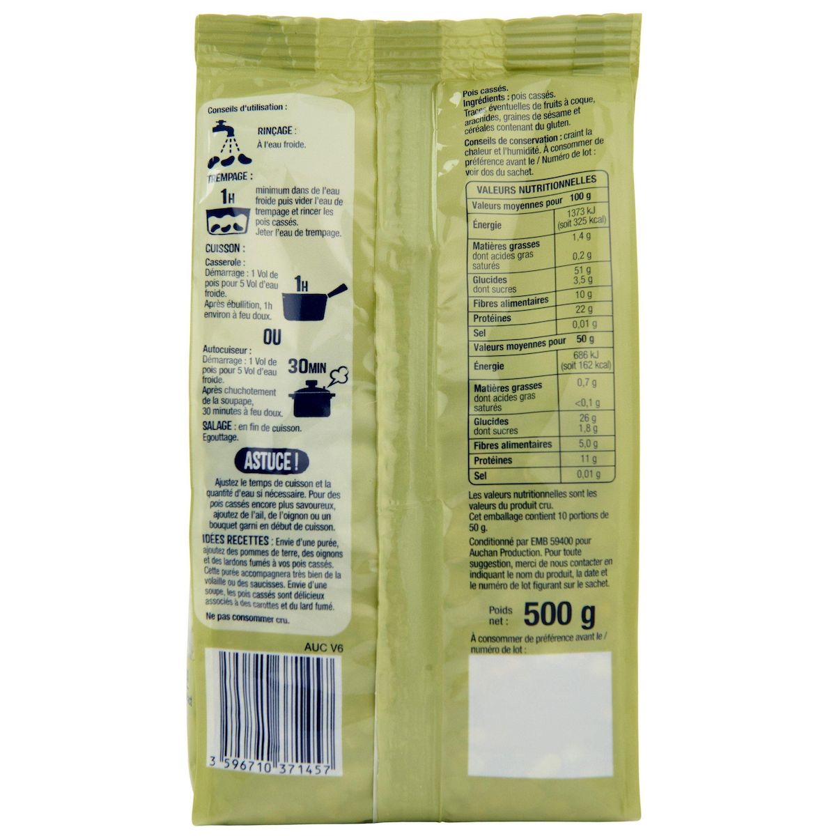 AUCHAN Pois cassés 6 personnes 500g