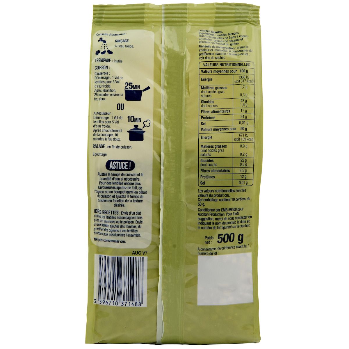 AUCHAN Lentilles blondes 500g