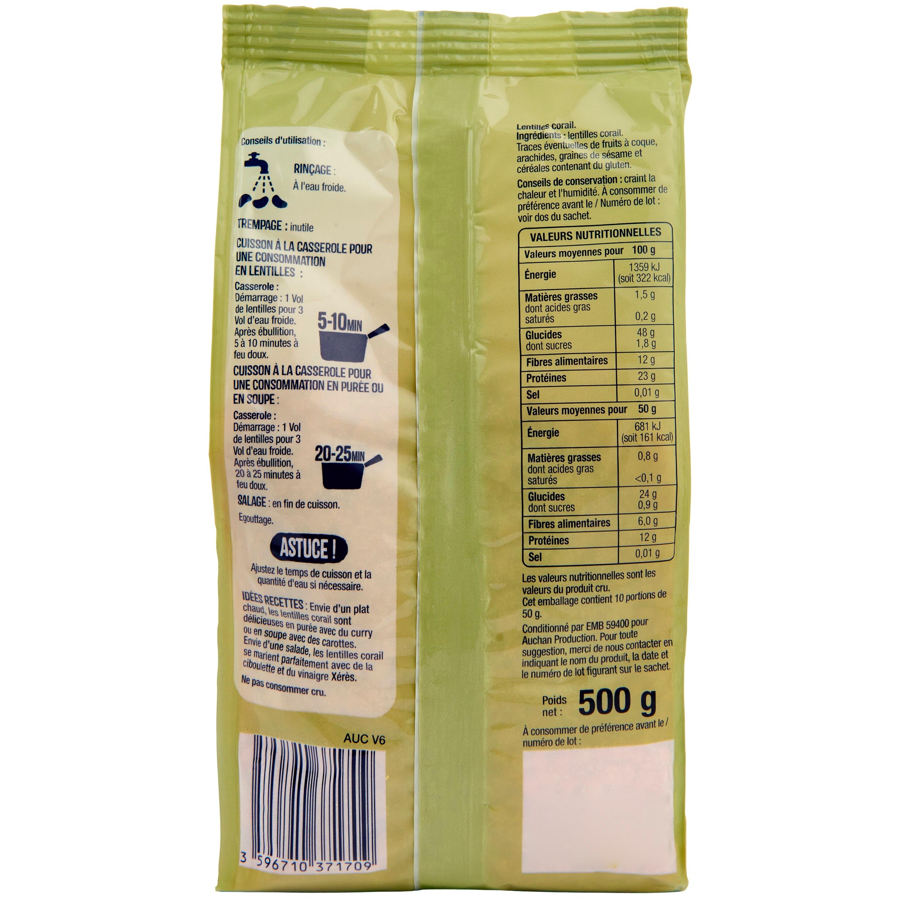Voir la diapositive 2 : AUCHAN Lentilles corail 6 personnes 500g