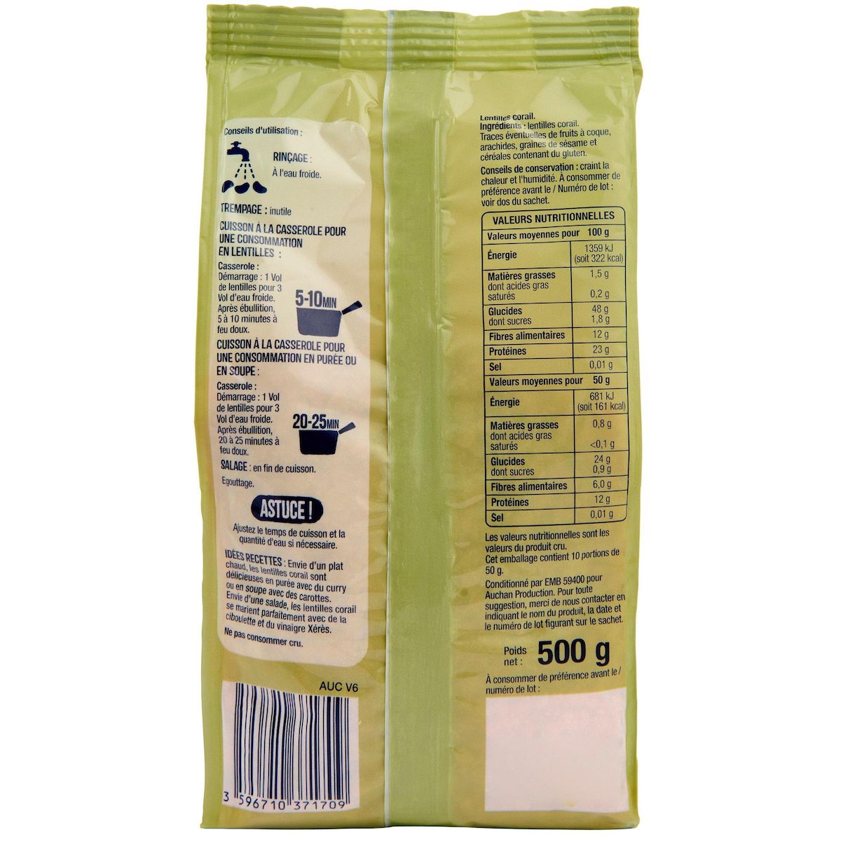 AUCHAN Lentilles corail 6 personnes 500g