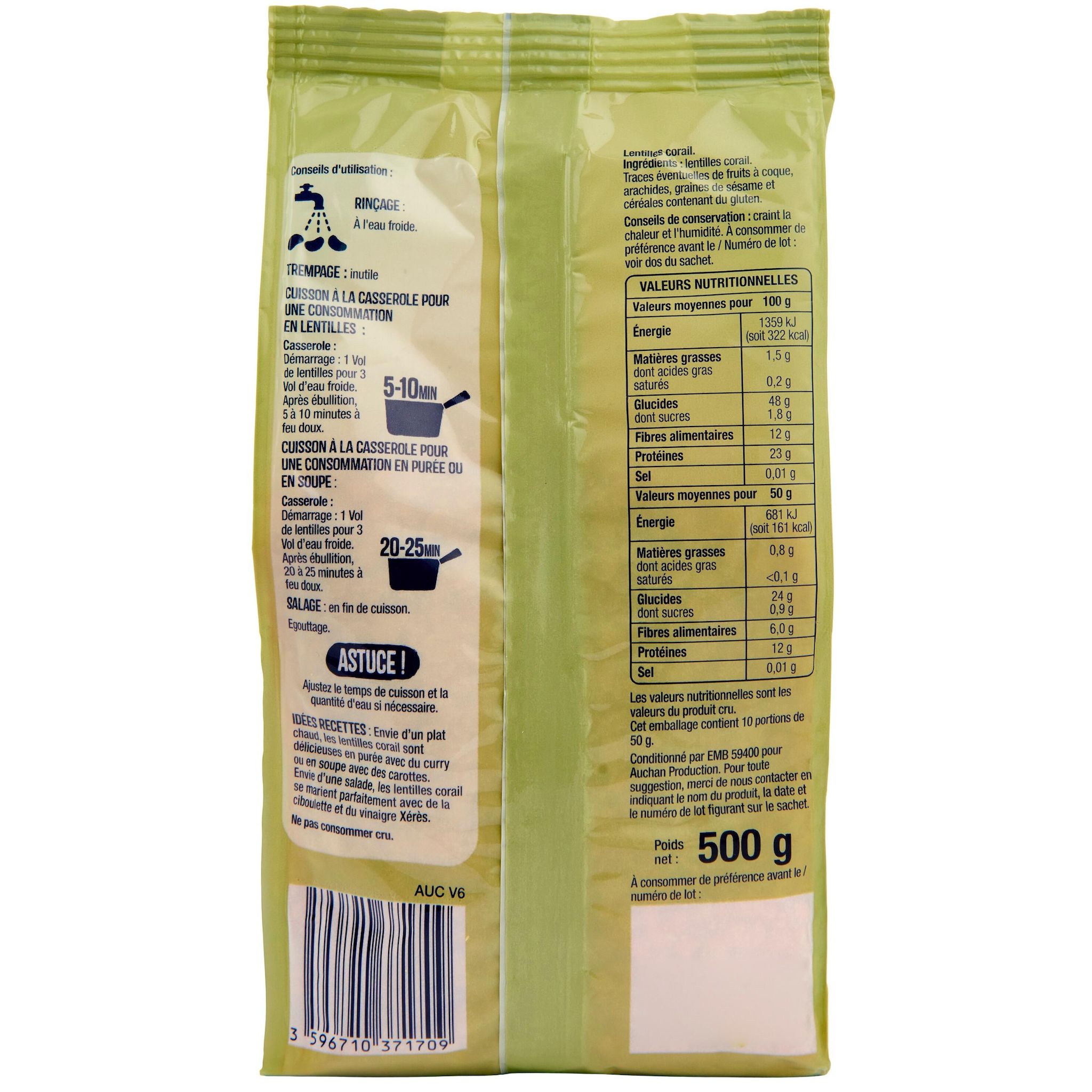 Voir la diapositive 3 : AUCHAN Lentilles corail 6 personnes 500g