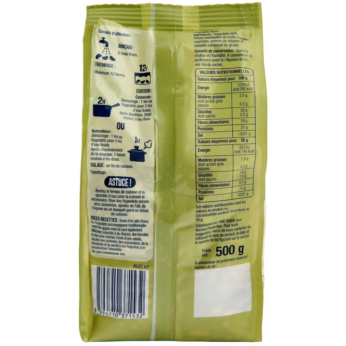 AUCHAN Flageolets verts label rouge 6 personnes 500g