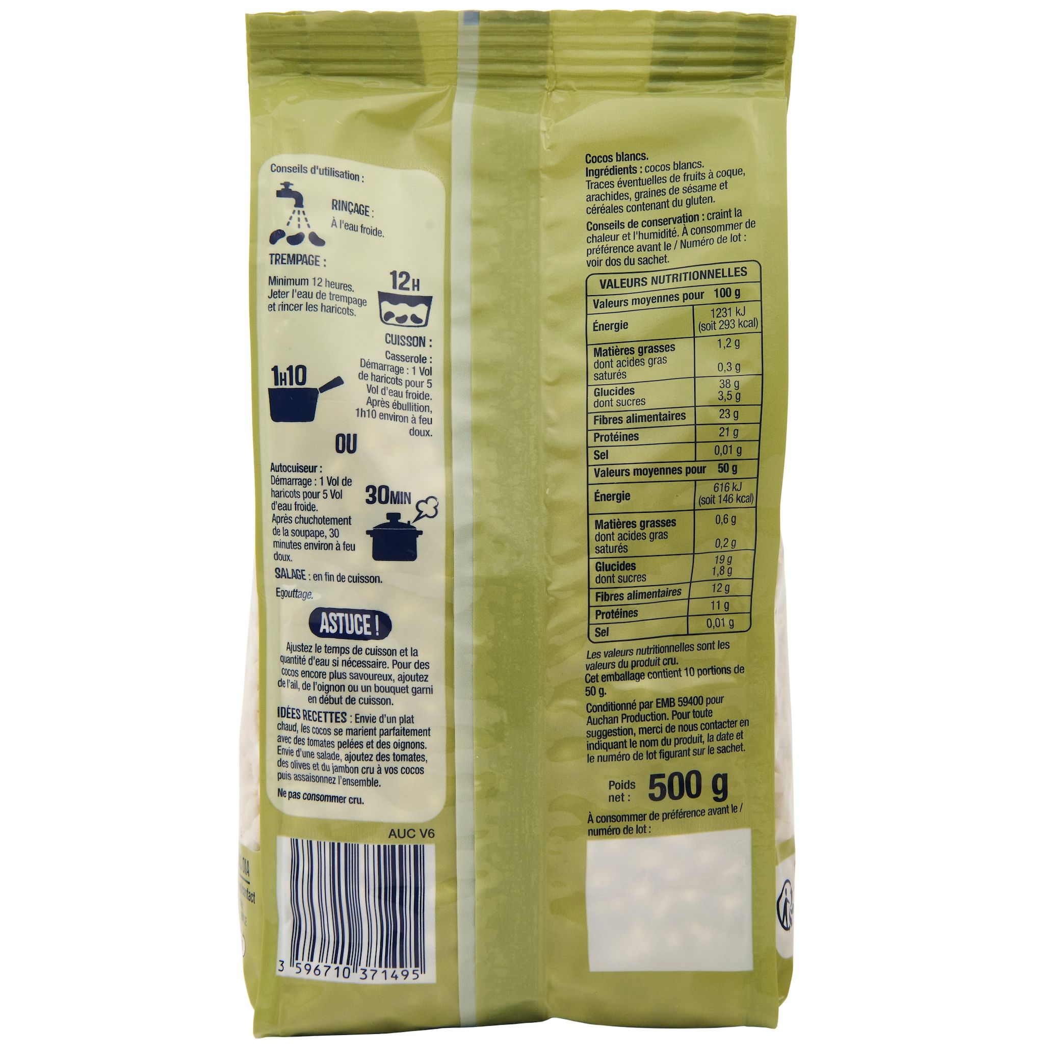 Voir la diapositive 3 : AUCHAN Haricots cocos blancs 6 portions 500g