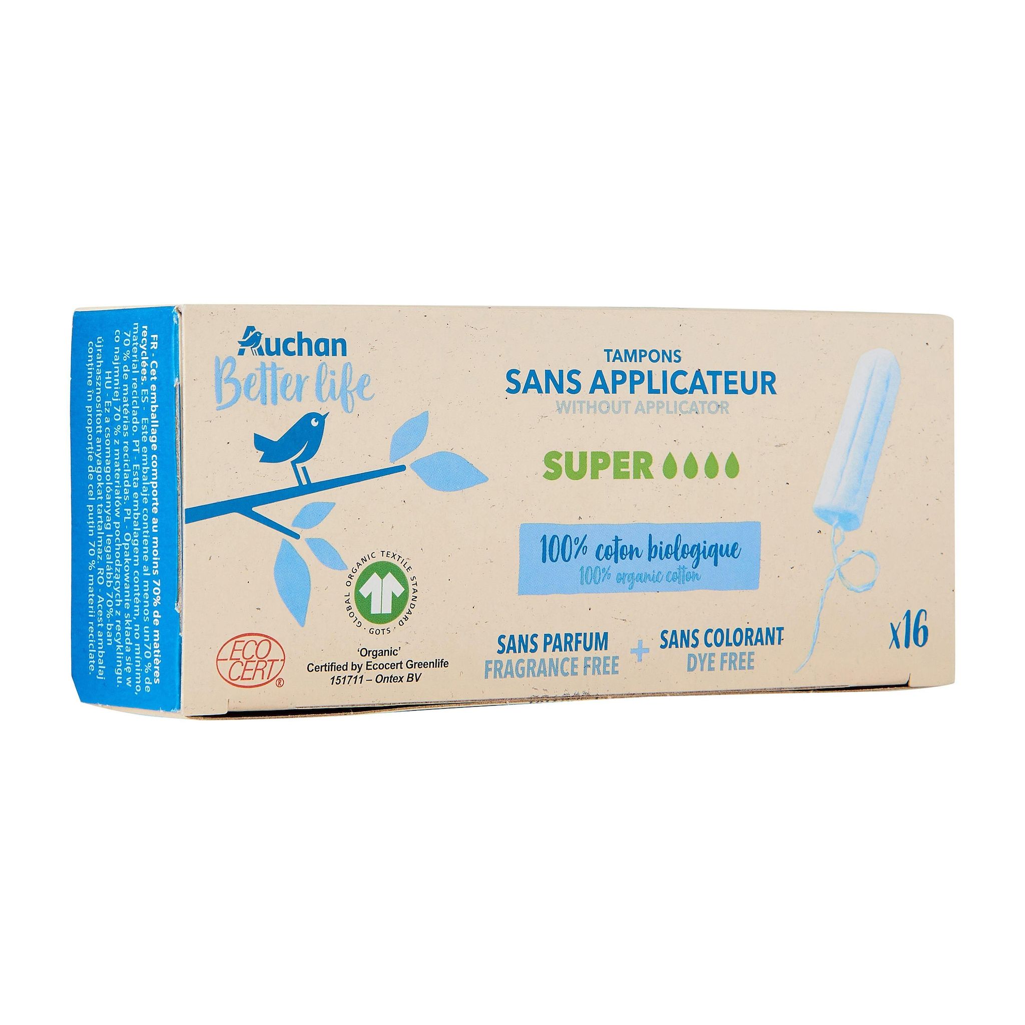 Voir la diapositive 2 : AUCHAN BETTER LIFE Tampons sans applicateur coton bio super 16 tampons