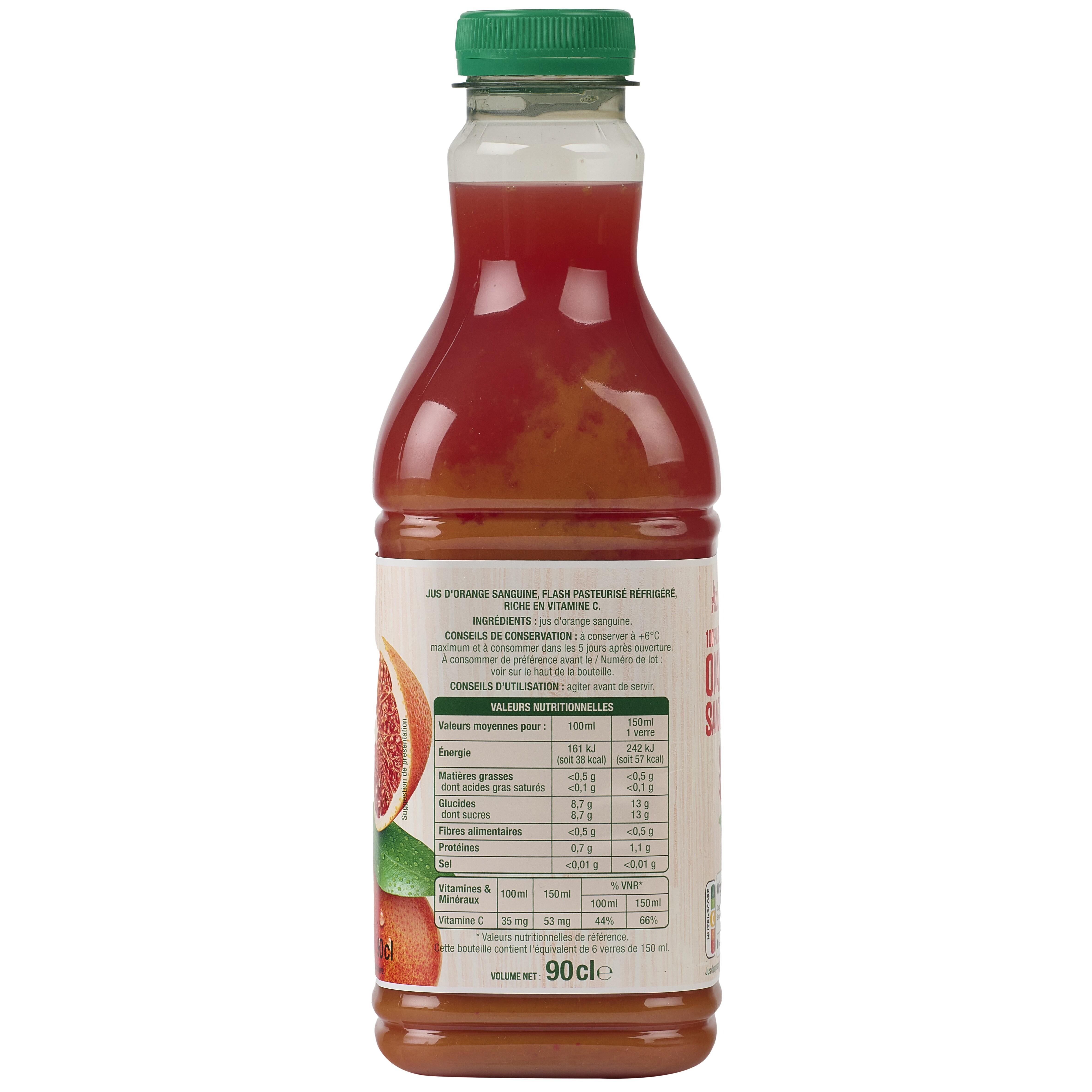 Voir la diapositive 3 : AUCHAN Pur jus pressé d'orange sanguine avec pulpe 90cl