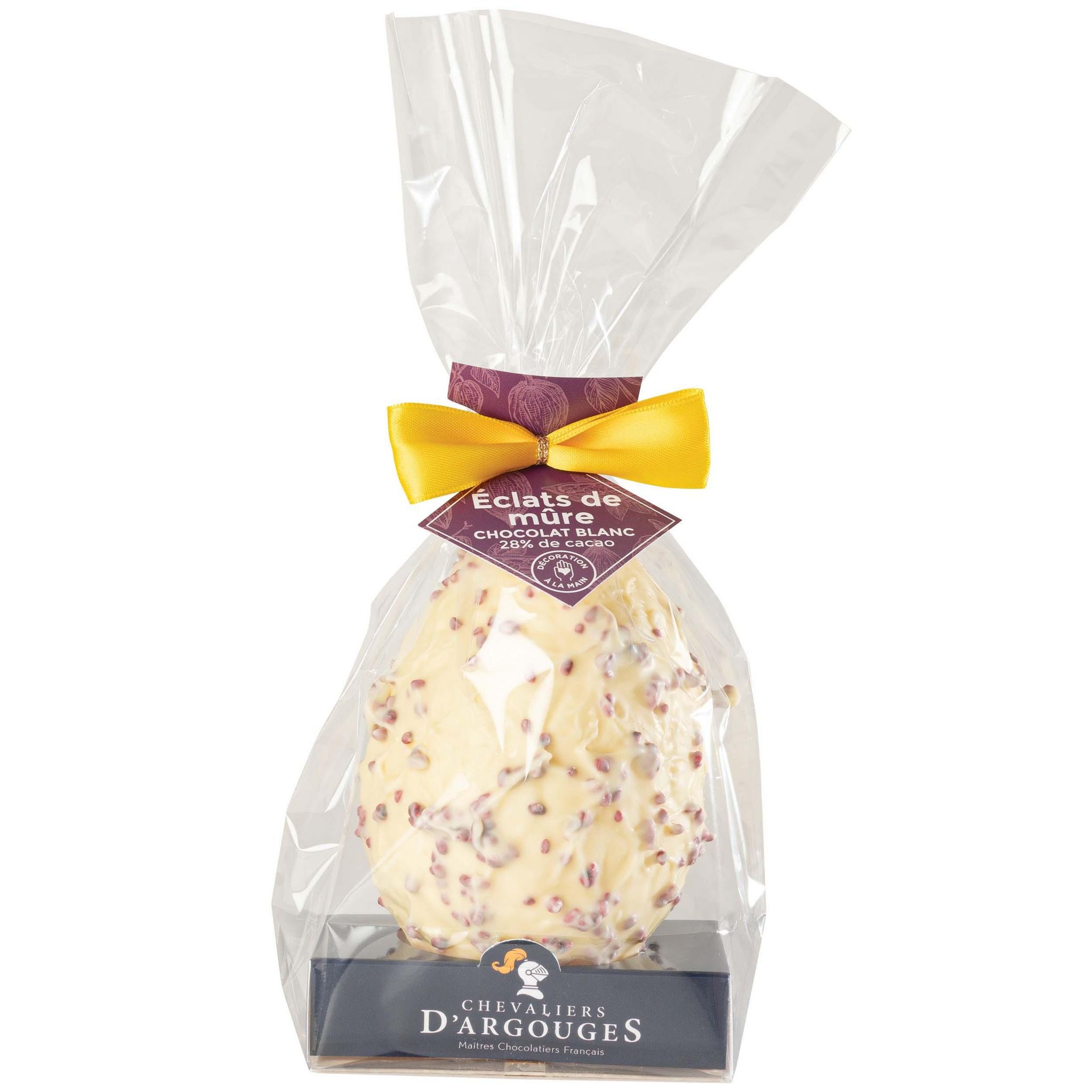 CHEVALIERS D'ARGOUGES Oeuf au chocolat blanc avec des éclats de mûres 115g
