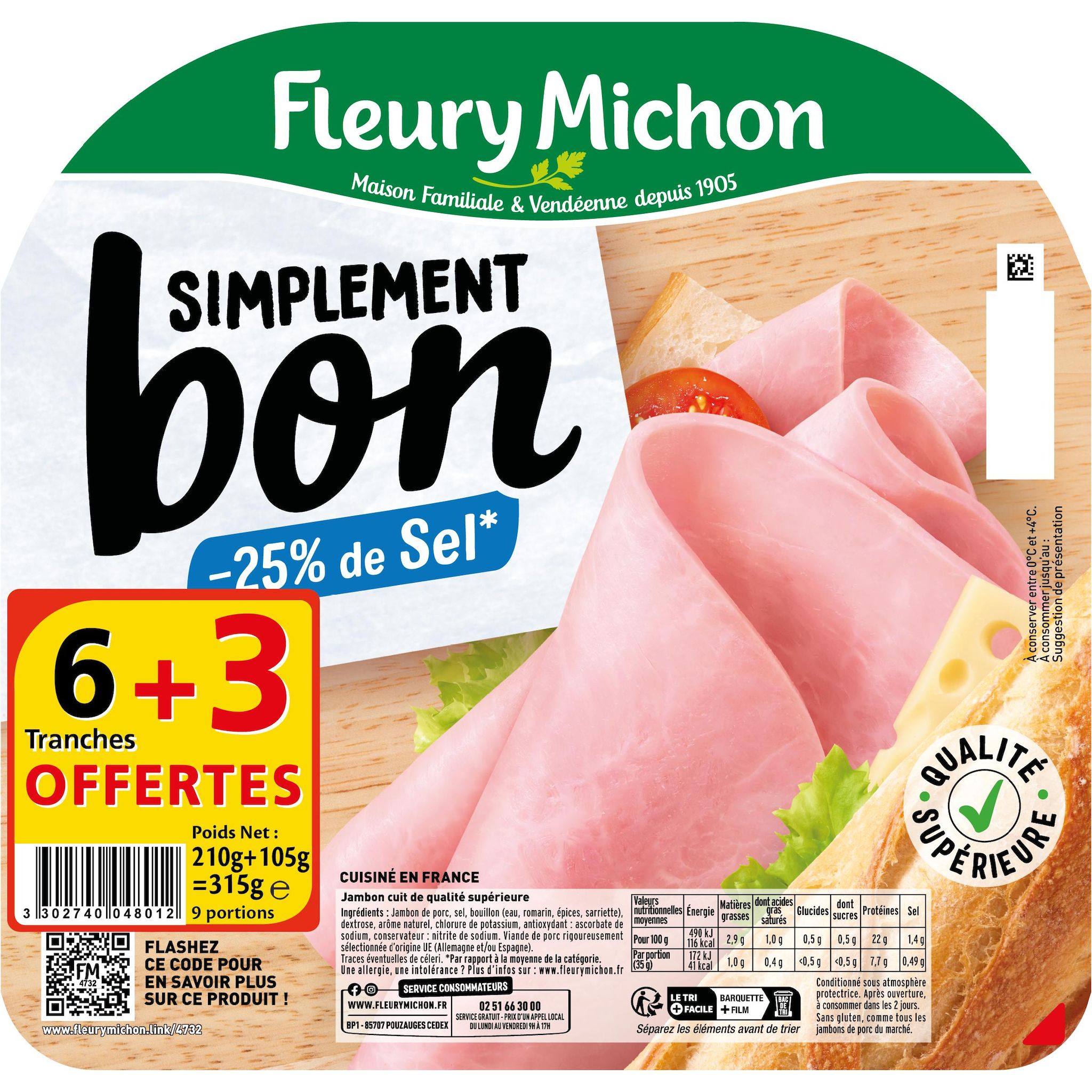 FLEURY MICHON Jambon simplement bon réduit en sel 6 tranches + 3 offertes 315g