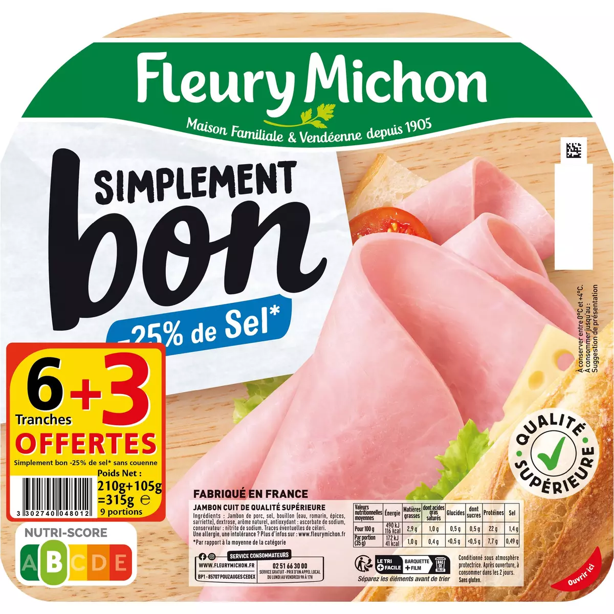 FLEURY MICHON Jambon simplement bon réduit en sel 6 tranches + 3 offertes 315g