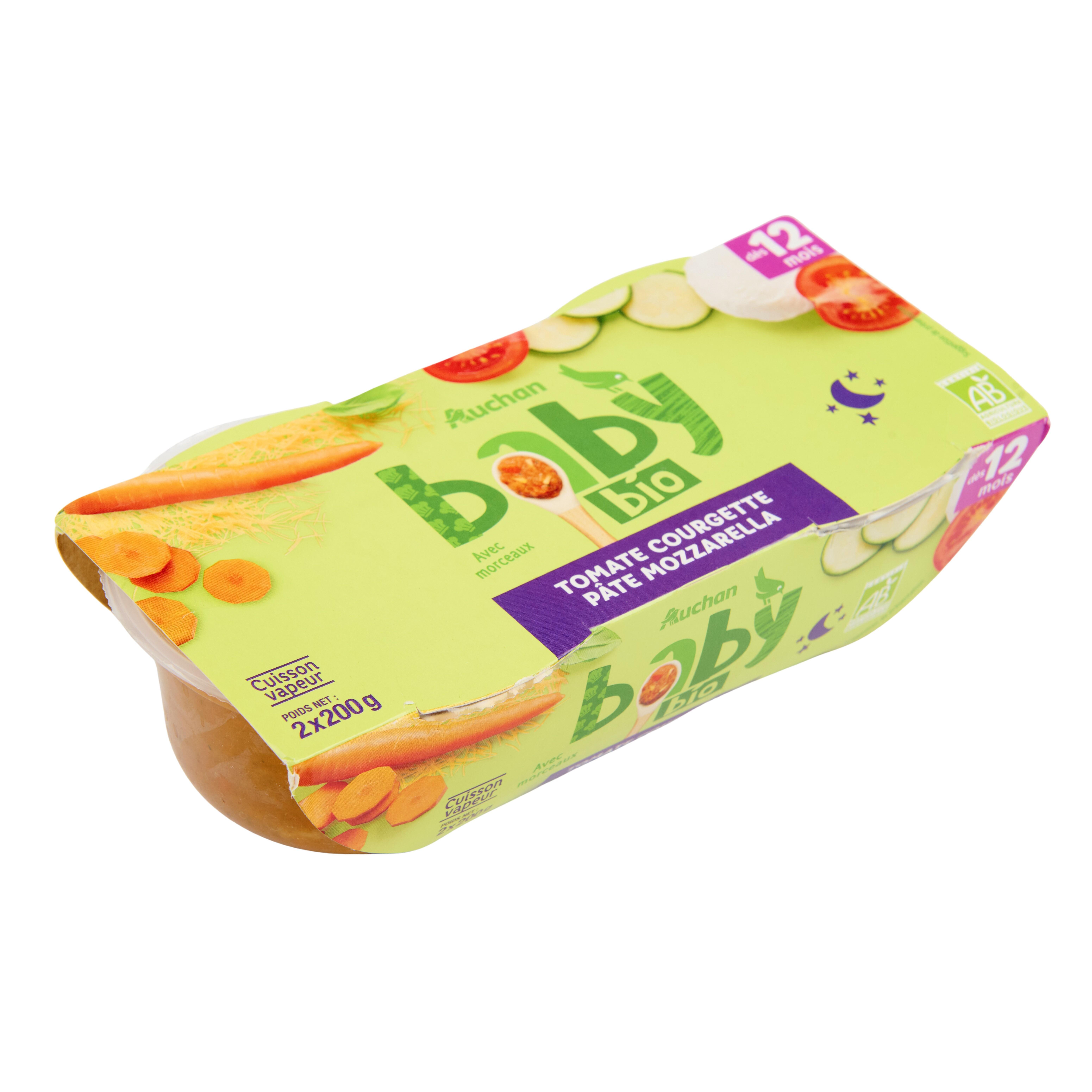 Voir la diapositive 2 : AUCHAN BABY BIO Bol tomate courgette pâte mozzarella dès 12 mois 2x200g