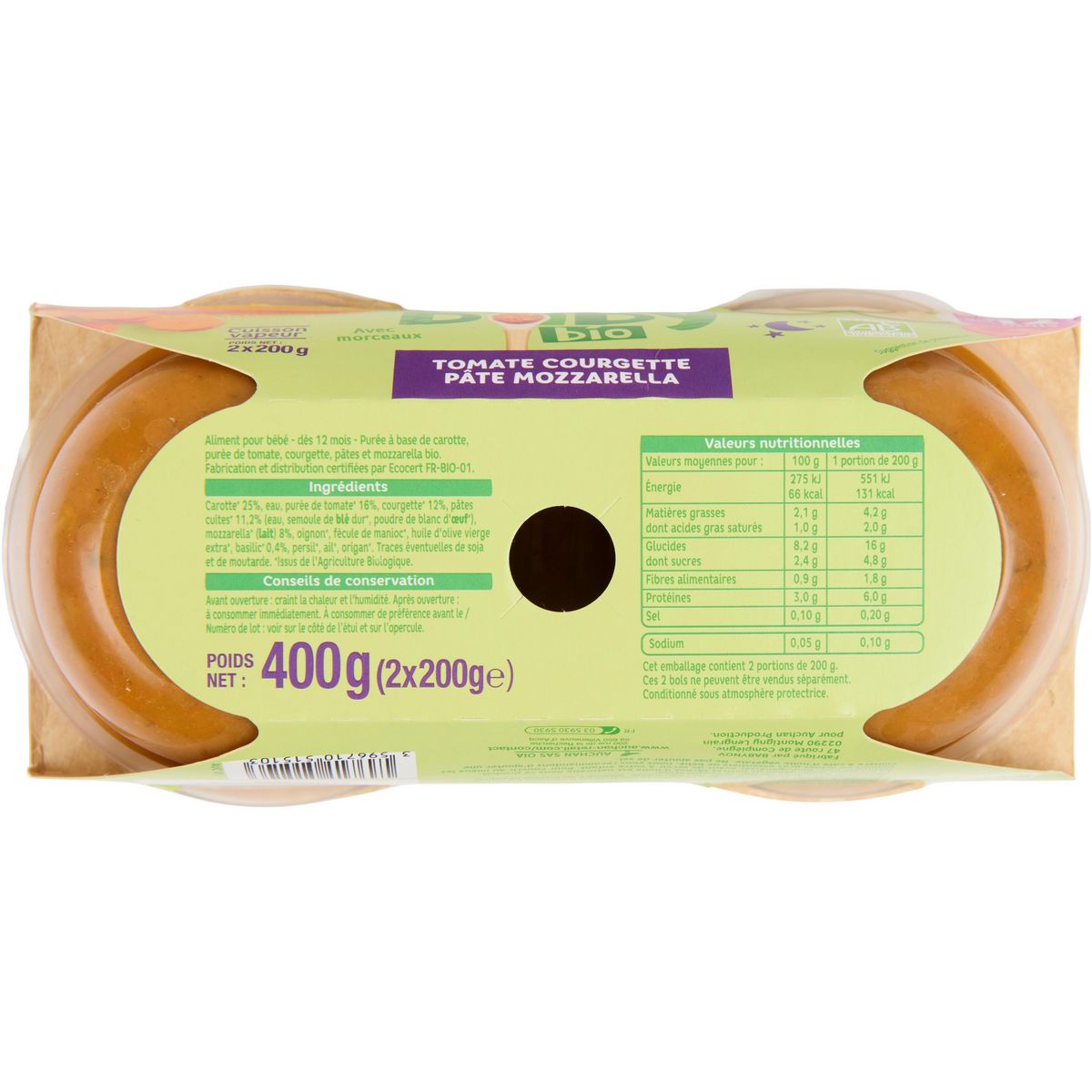AUCHAN BABY BIO Bol tomate courgette pâte mozzarella dès 12 mois 2x200g