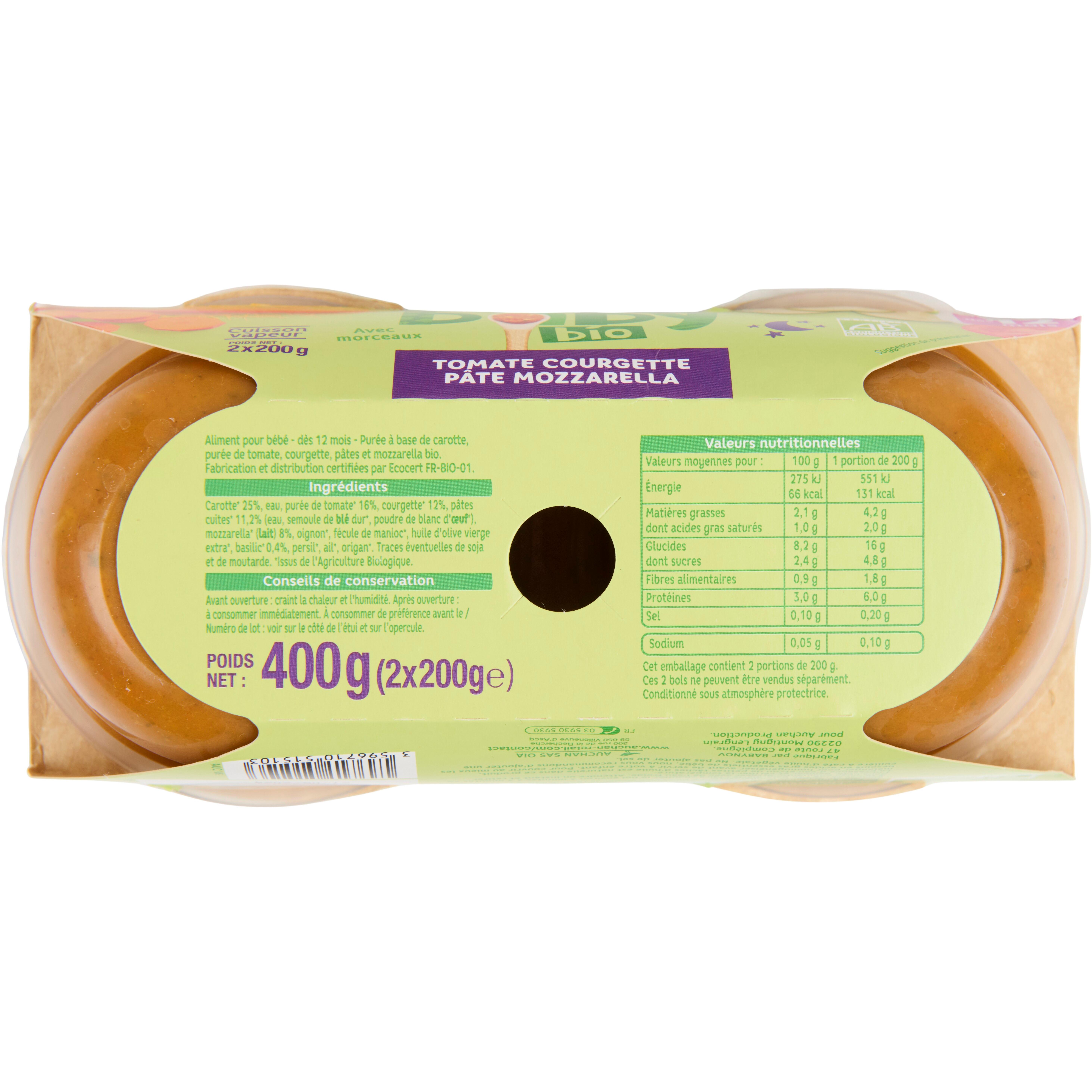 Voir la diapositive 3 : AUCHAN BABY BIO Bol tomate courgette pâte mozzarella dès 12 mois 2x200g