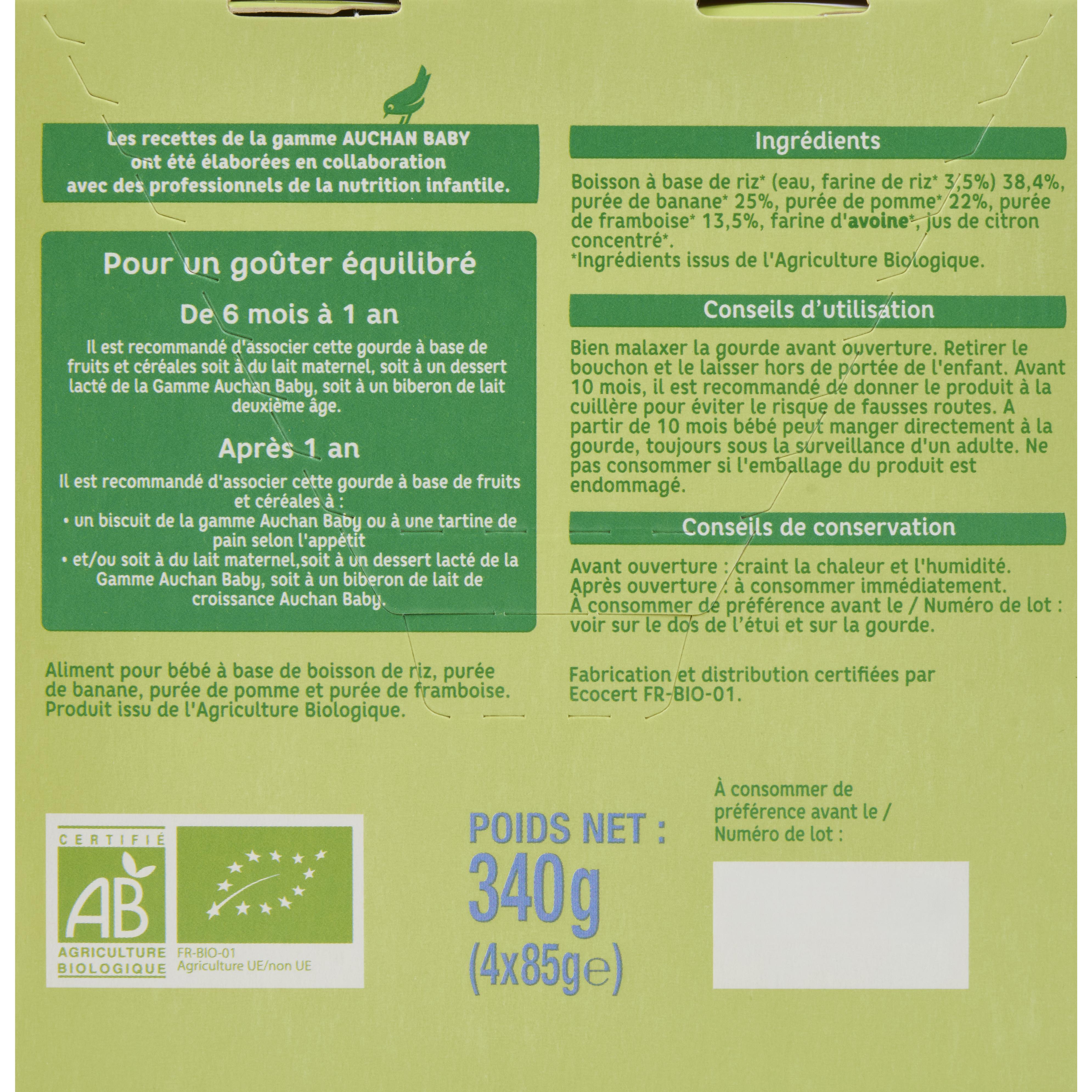 Voir la diapositive 2 : AUCHAN BABY BIO Gourdes brassé végétal riz banane pomme framboise dès 6 mois 4x85g