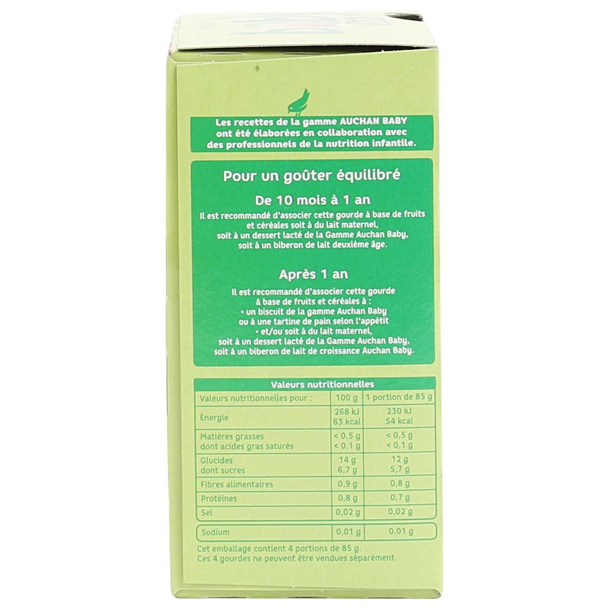 AUCHAN BABY BIO Gourdes brassé végétal riz banane pomme framboise dès 10 mois 4x85g