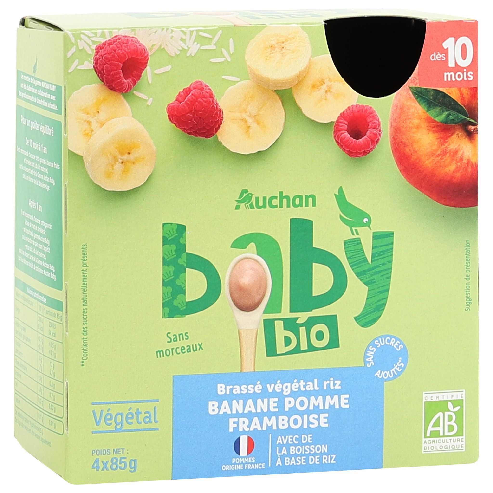 Voir la diapositive 2 : AUCHAN BABY BIO Gourdes brassé végétal riz banane pomme framboise dès 10 mois 4x85g