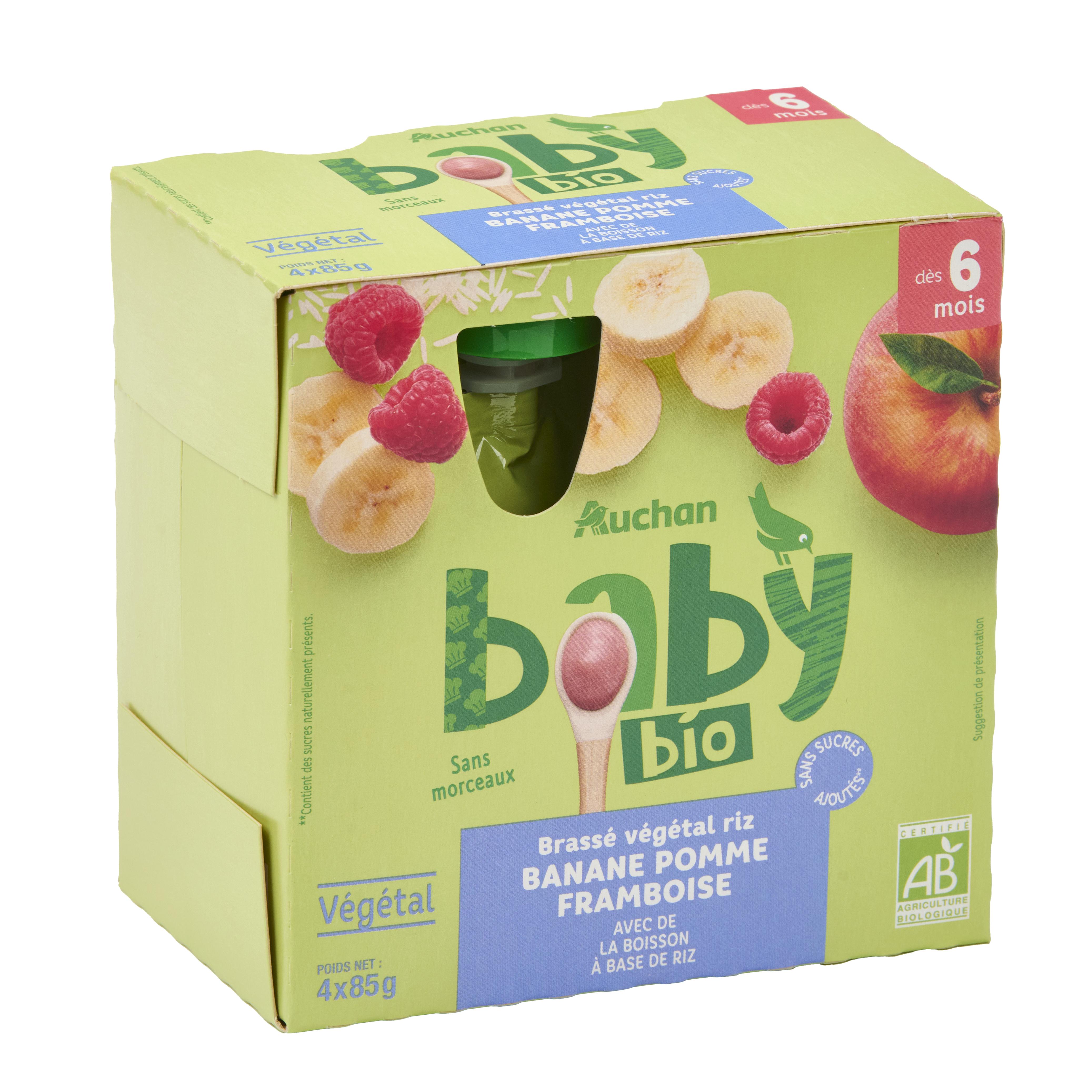 Voir la diapositive 3 : AUCHAN BABY BIO Gourdes brassé végétal riz banane pomme framboise dès 6 mois 4x85g
