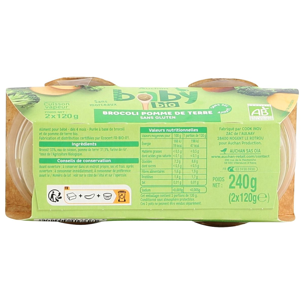 AUCHAN BABY BIO Bol brocoli pomme de terre dès 4 mois 2x120g