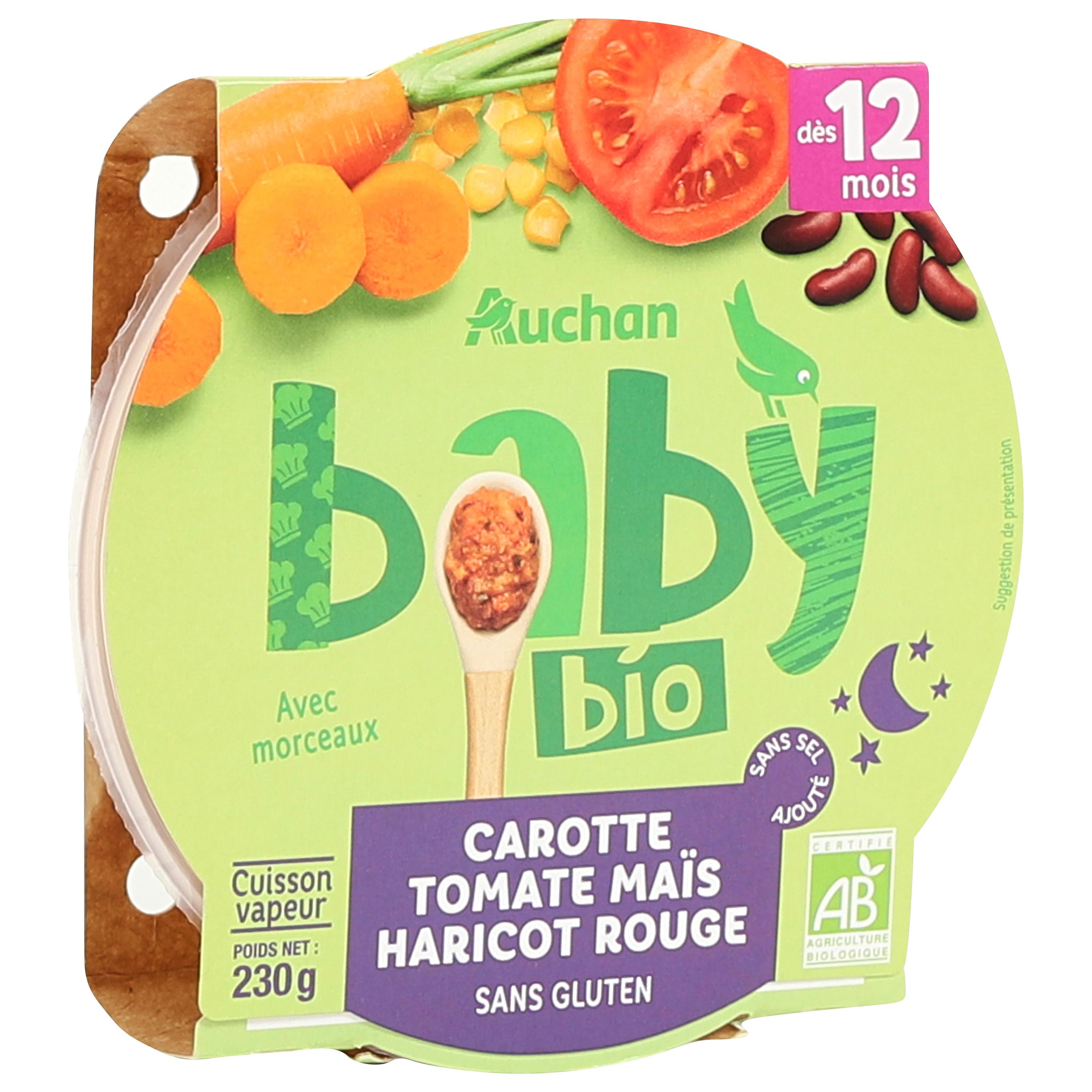 Voir la diapositive 2 : AUCHAN BABY BIO Assiette de carotte tomate maïs et haricot rouge sans gluten dès 12 mois bio 230g