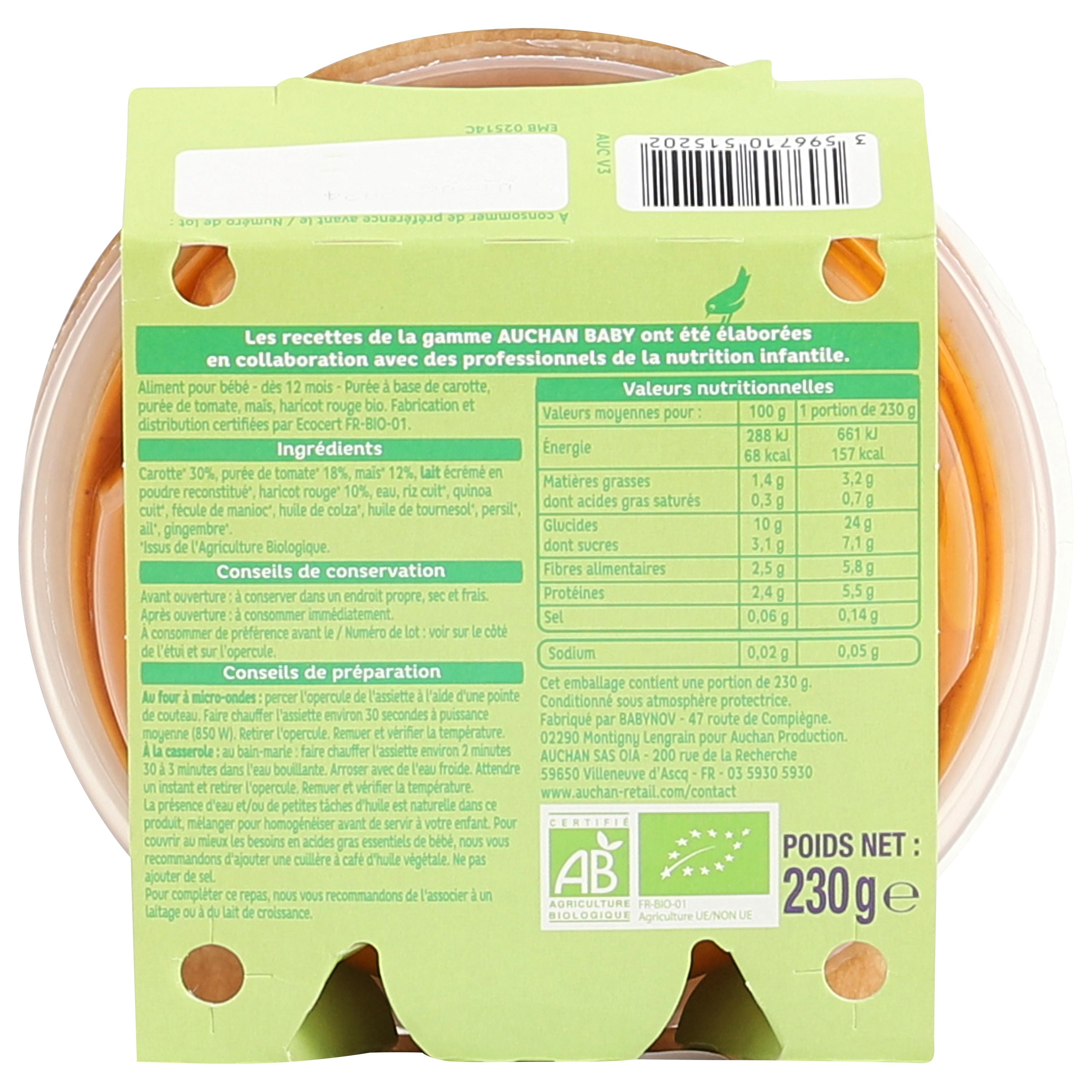 Voir la diapositive 3 : AUCHAN BABY BIO Assiette de carotte tomate maïs et haricot rouge sans gluten dès 12 mois bio 230g