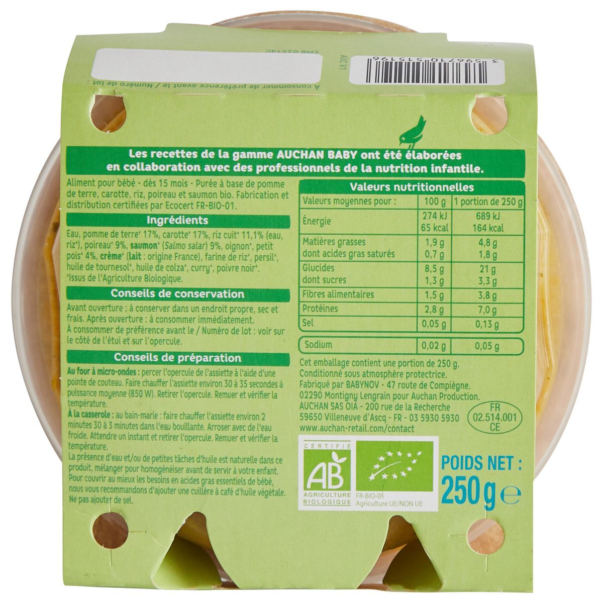 AUCHAN BABY BIO Assiette fondue de légumes saumon dès 15 mois 250g