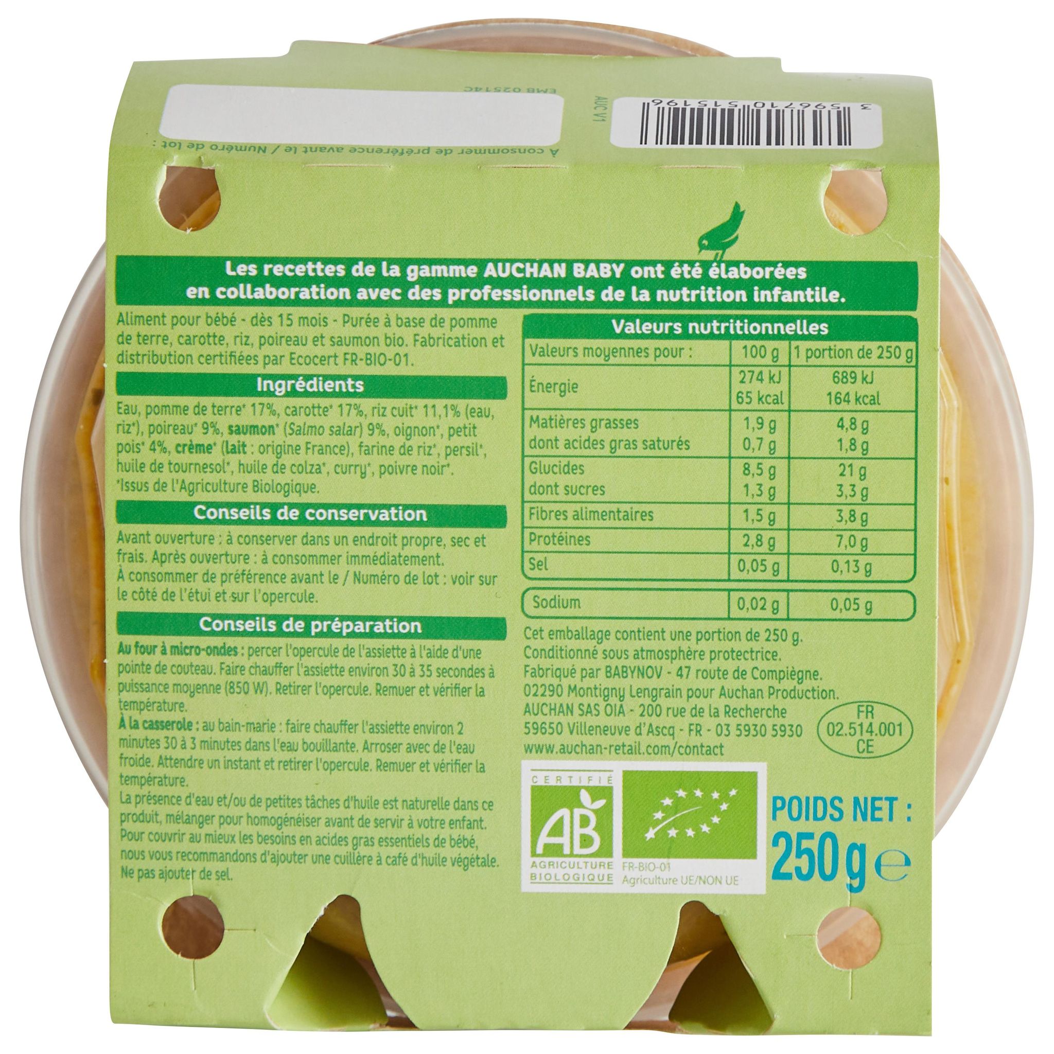 Voir la diapositive 4 : AUCHAN BABY BIO Assiette fondue de légumes saumon dès 15 mois 250g