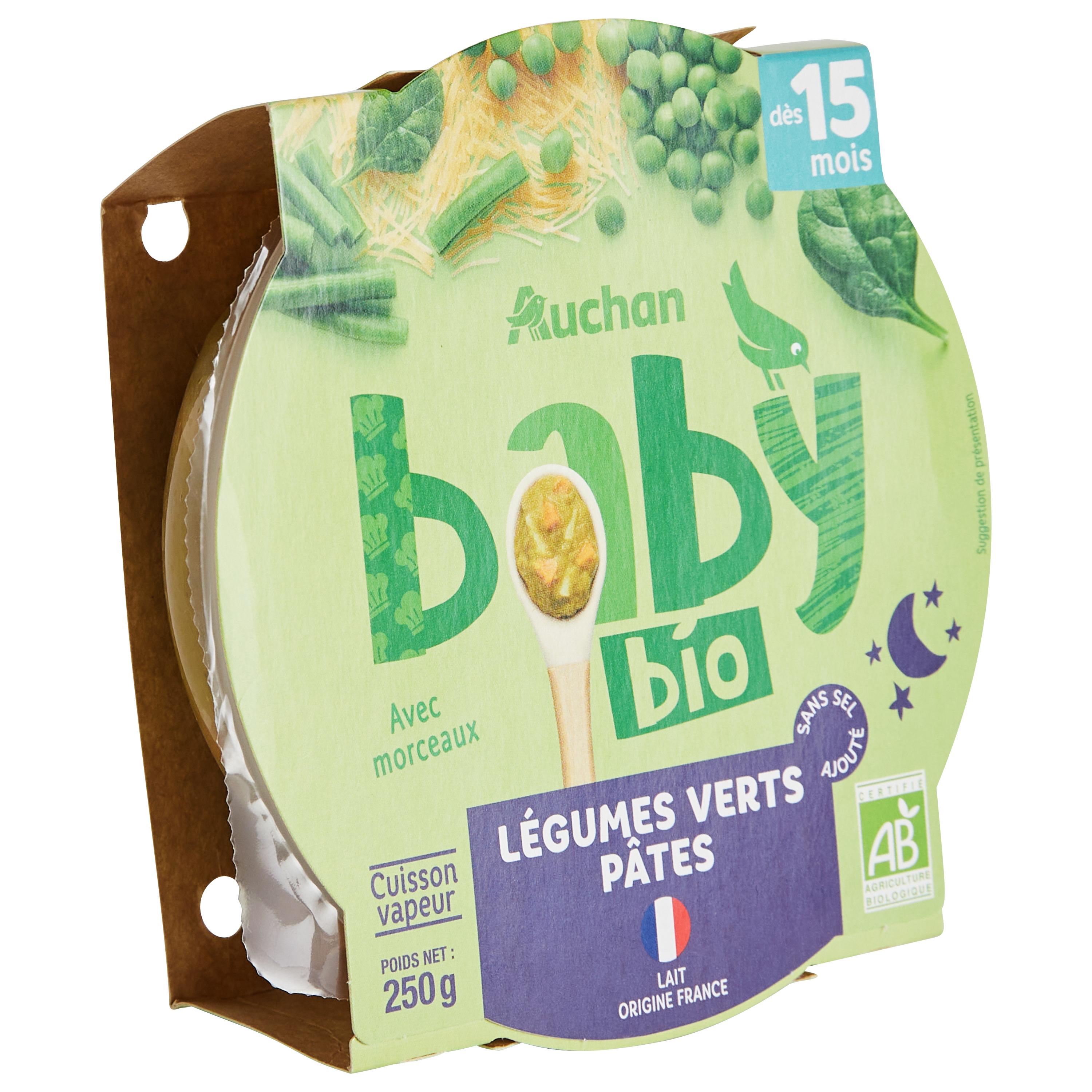 Voir la diapositive 2 : AUCHAN BABY BIO Assiette de légumes verts et pâtes dès 15 mois 250g