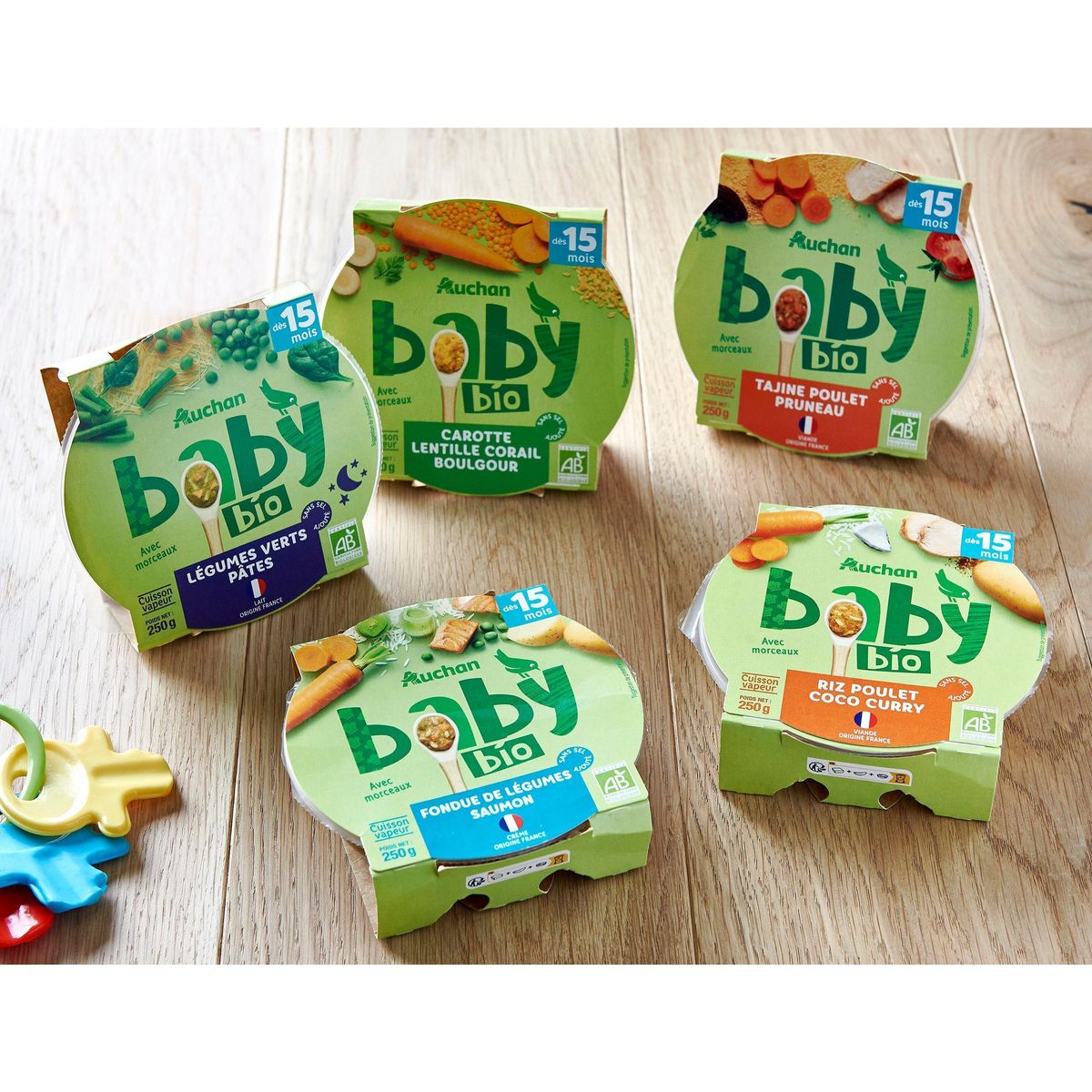 AUCHAN BABY BIO Assiette de légumes verts et pâtes dès 15 mois 250g