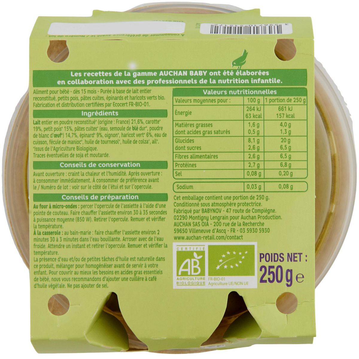 AUCHAN BABY BIO Assiette de légumes verts et pâtes dès 15 mois 250g