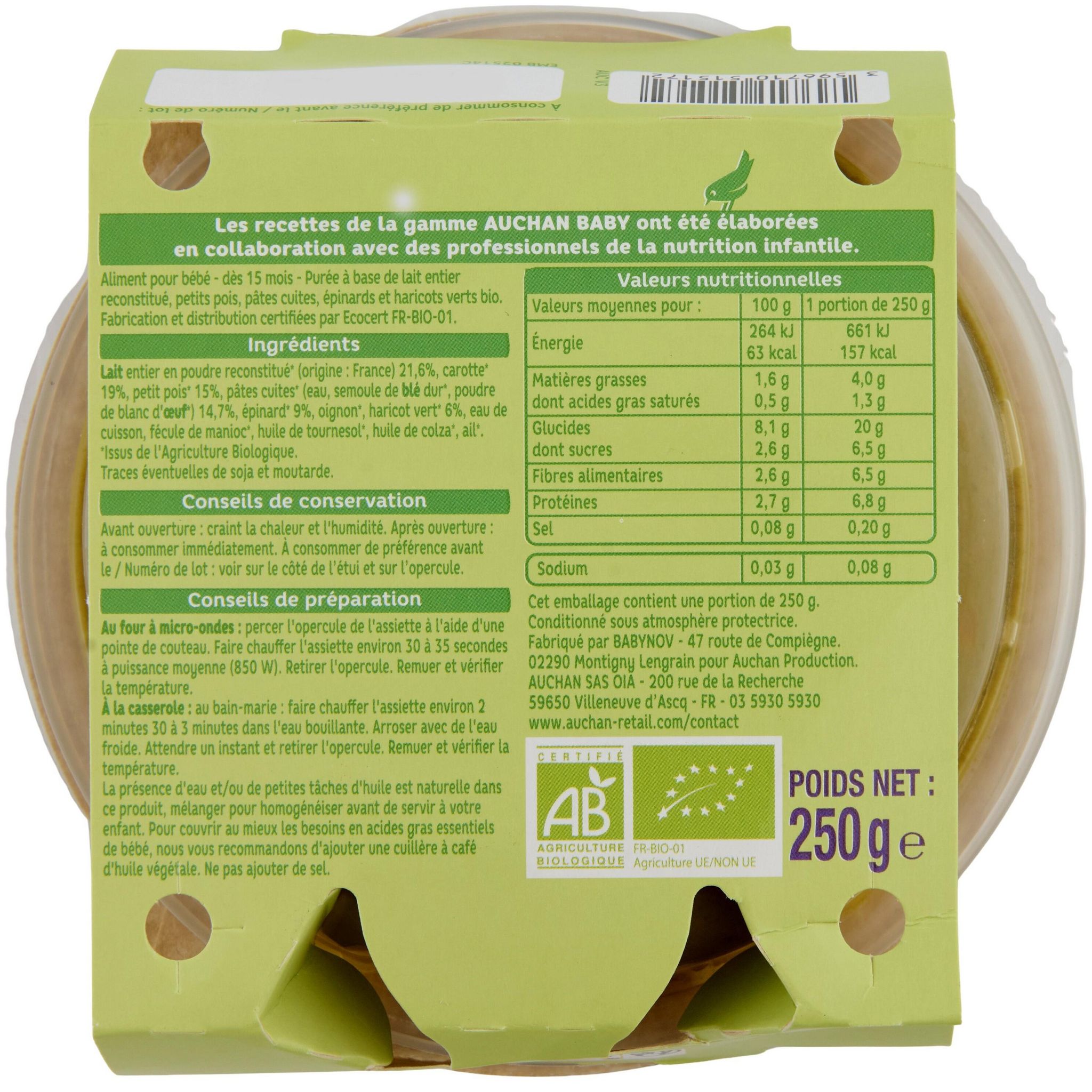 Voir la diapositive 3 : AUCHAN BABY BIO Assiette de légumes verts et pâtes dès 15 mois 250g