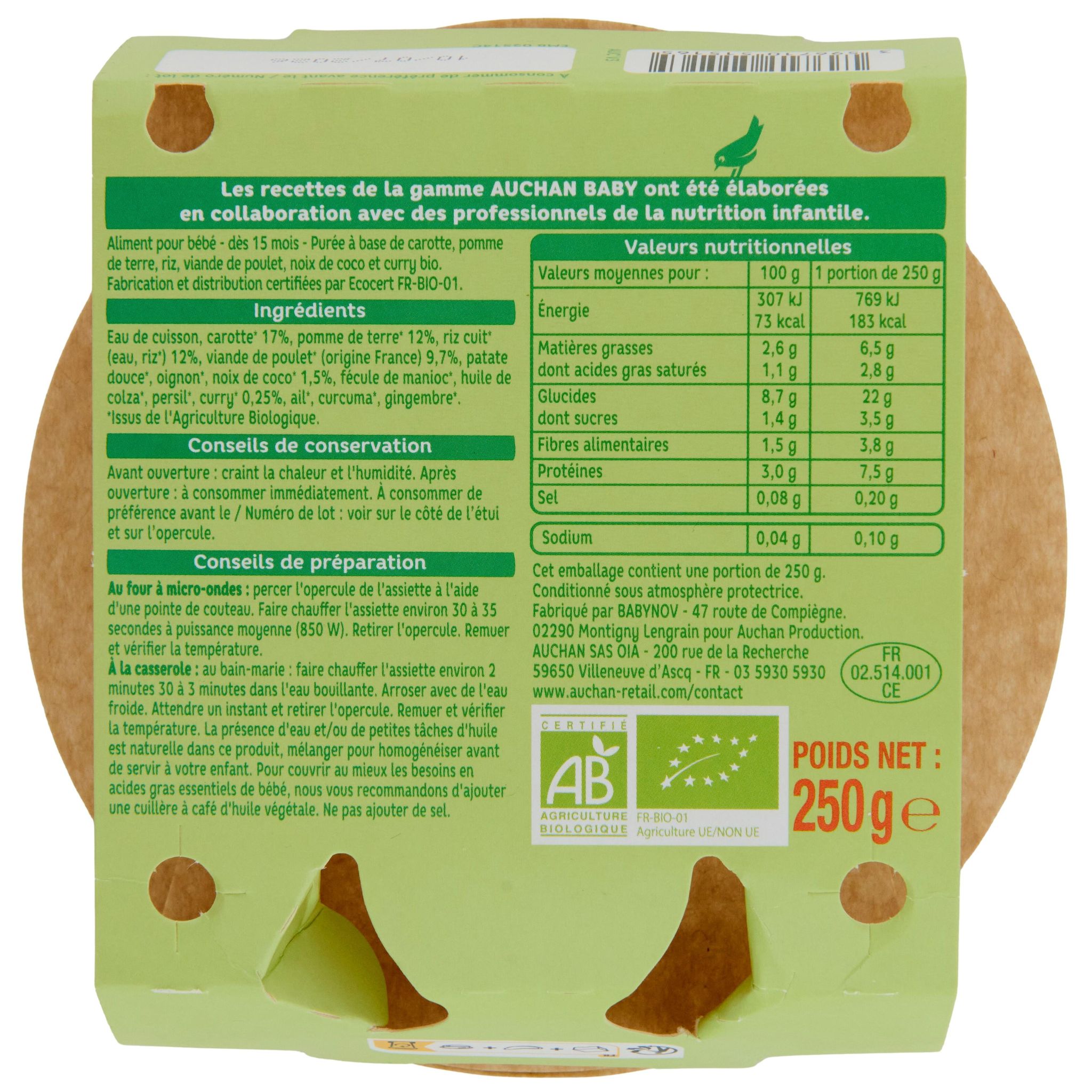 Voir la diapositive 2 : AUCHAN BABY BIO Assiette riz poulet coco curry dès 15 mois 250g
