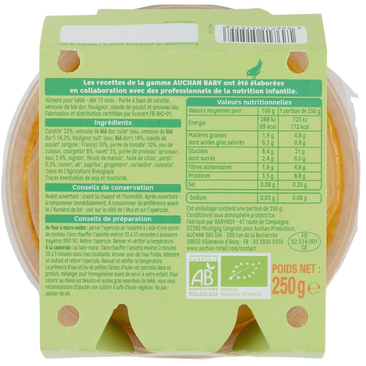 AUCHAN BABY BIO Assiette tajine poulet et pruneau dès 15 mois 250g