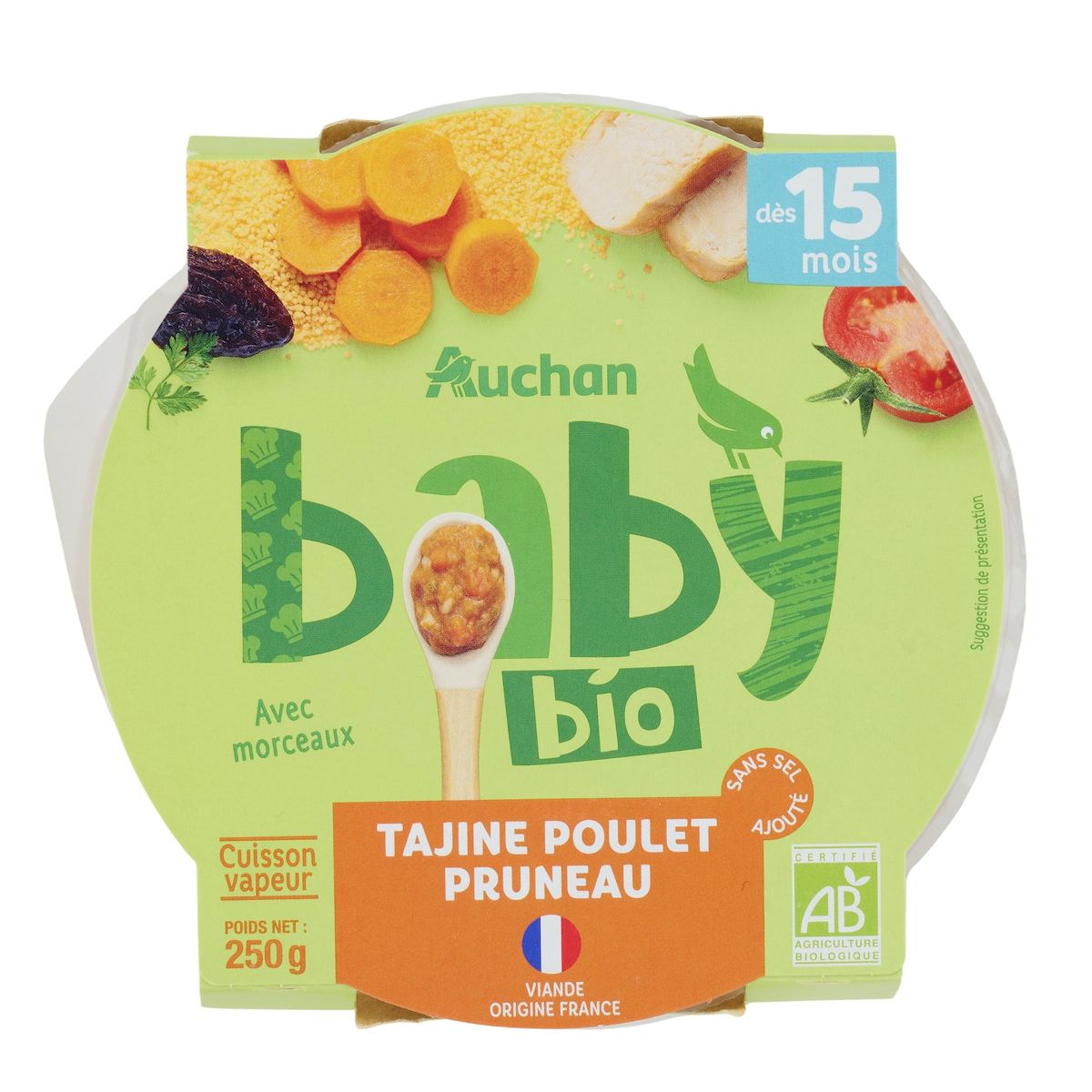 AUCHAN BABY BIO Assiette tajine poulet et pruneau dès 15 mois 250g