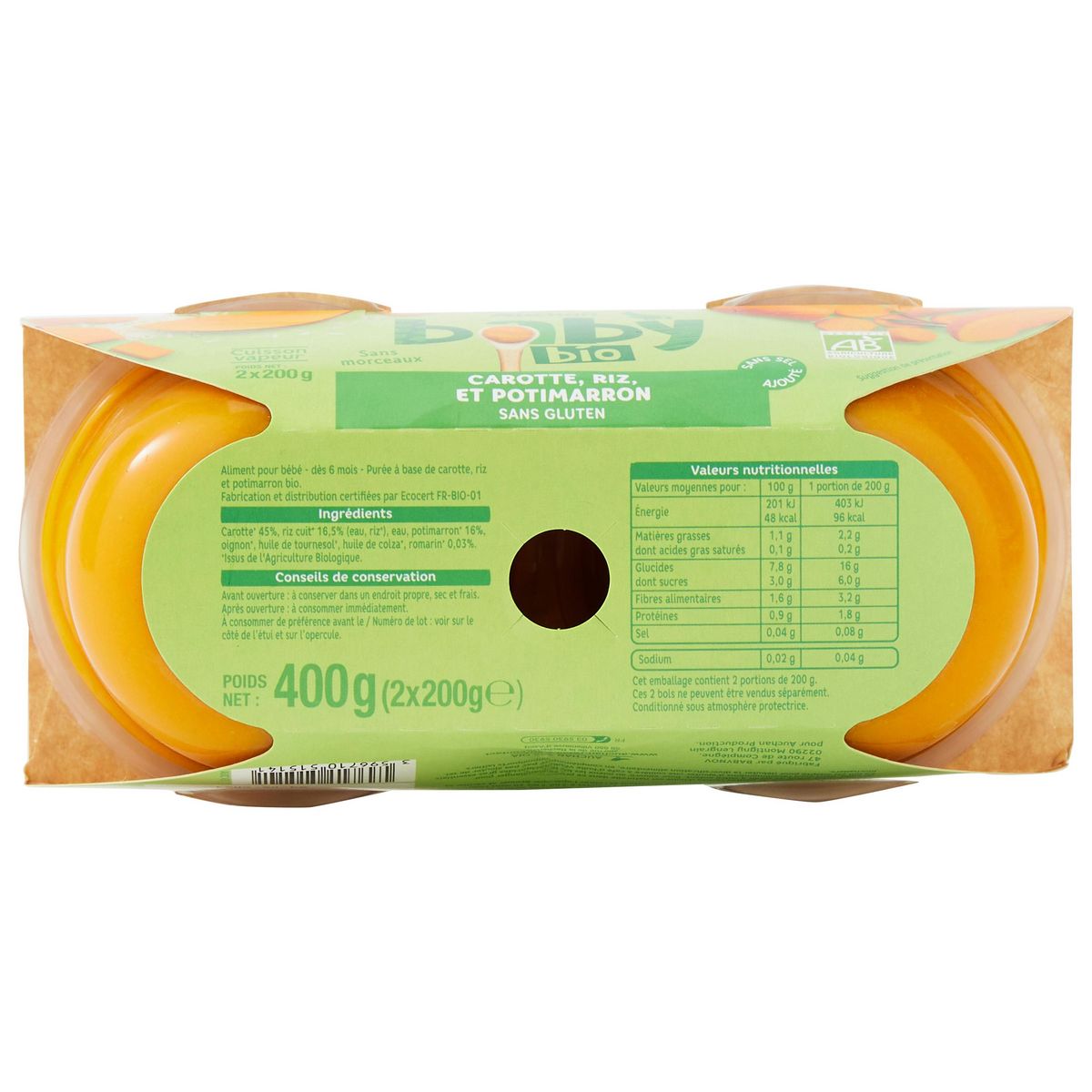 AUCHAN BABY BIO Bol carotte riz et potimarron dès 6 mois 2x200g