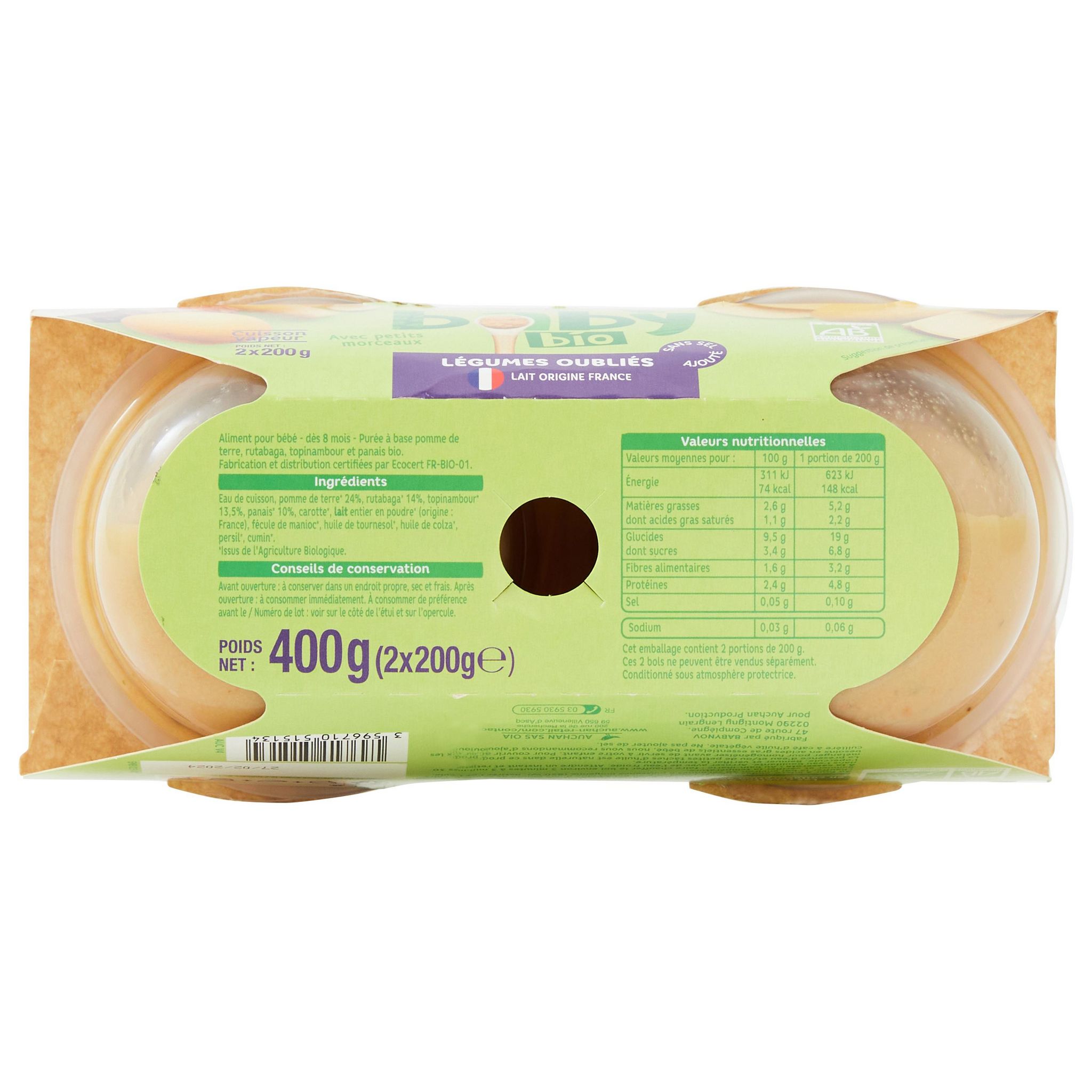 Voir la diapositive 2 : AUCHAN BABY BIO Bol légumes oubliés dès 8 mois 2x200g