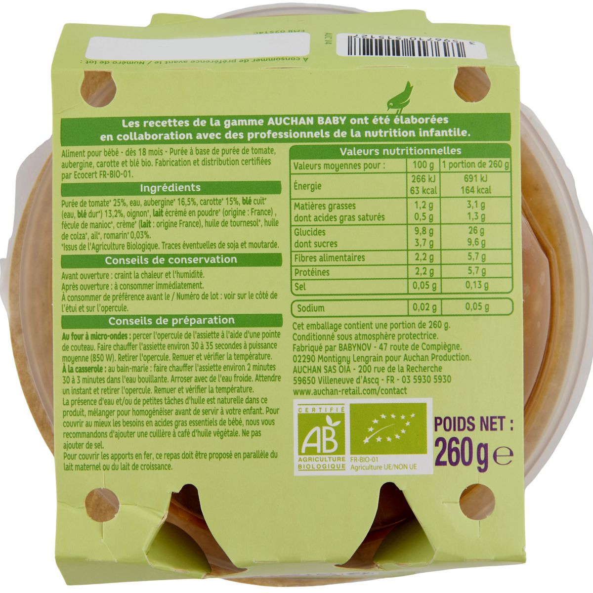 AUCHAN BABY BIO Assiette tomate aubergine blé dès 18 mois 260g