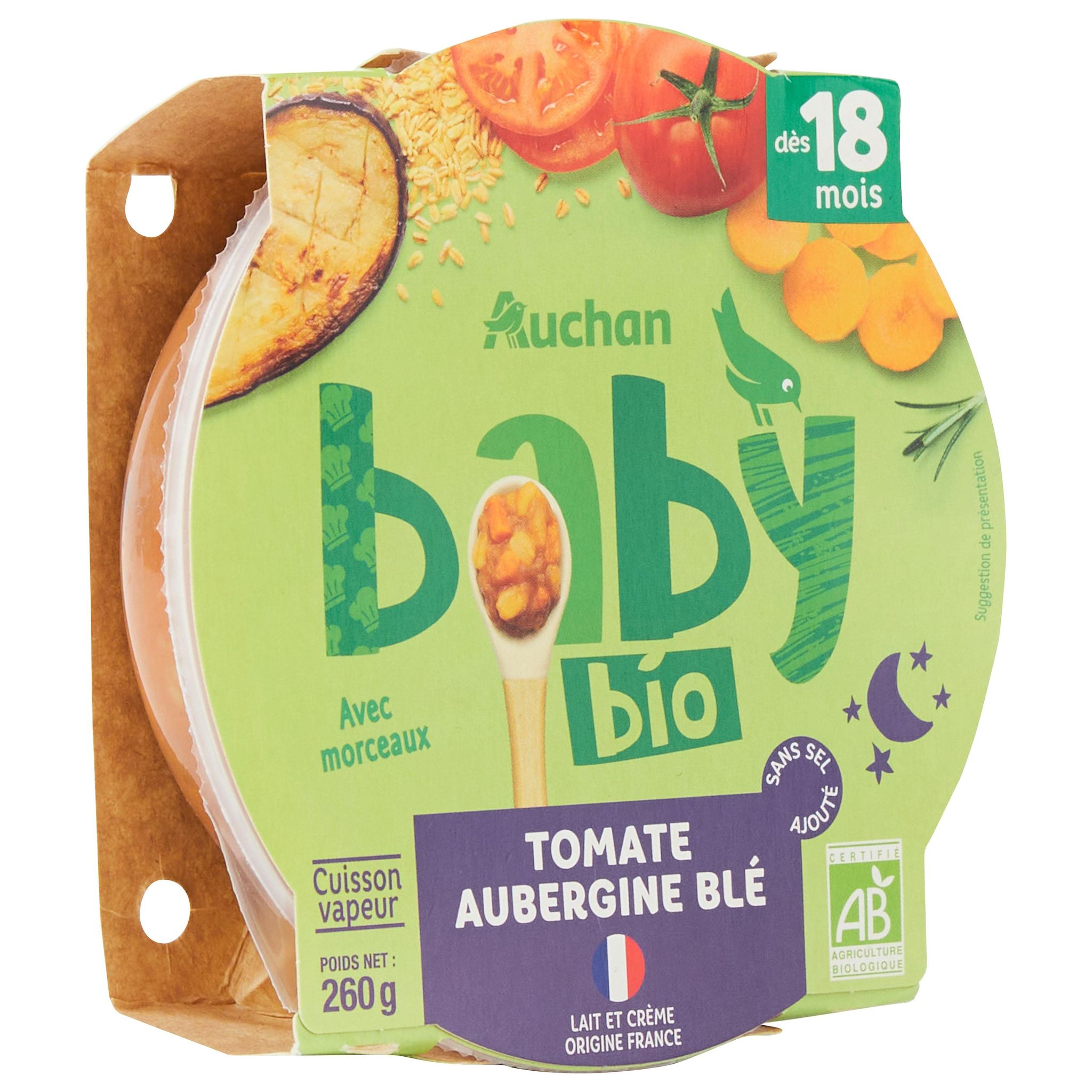 Voir la diapositive 2 : AUCHAN BABY BIO Assiette tomate aubergine blé dès 18 mois 260g