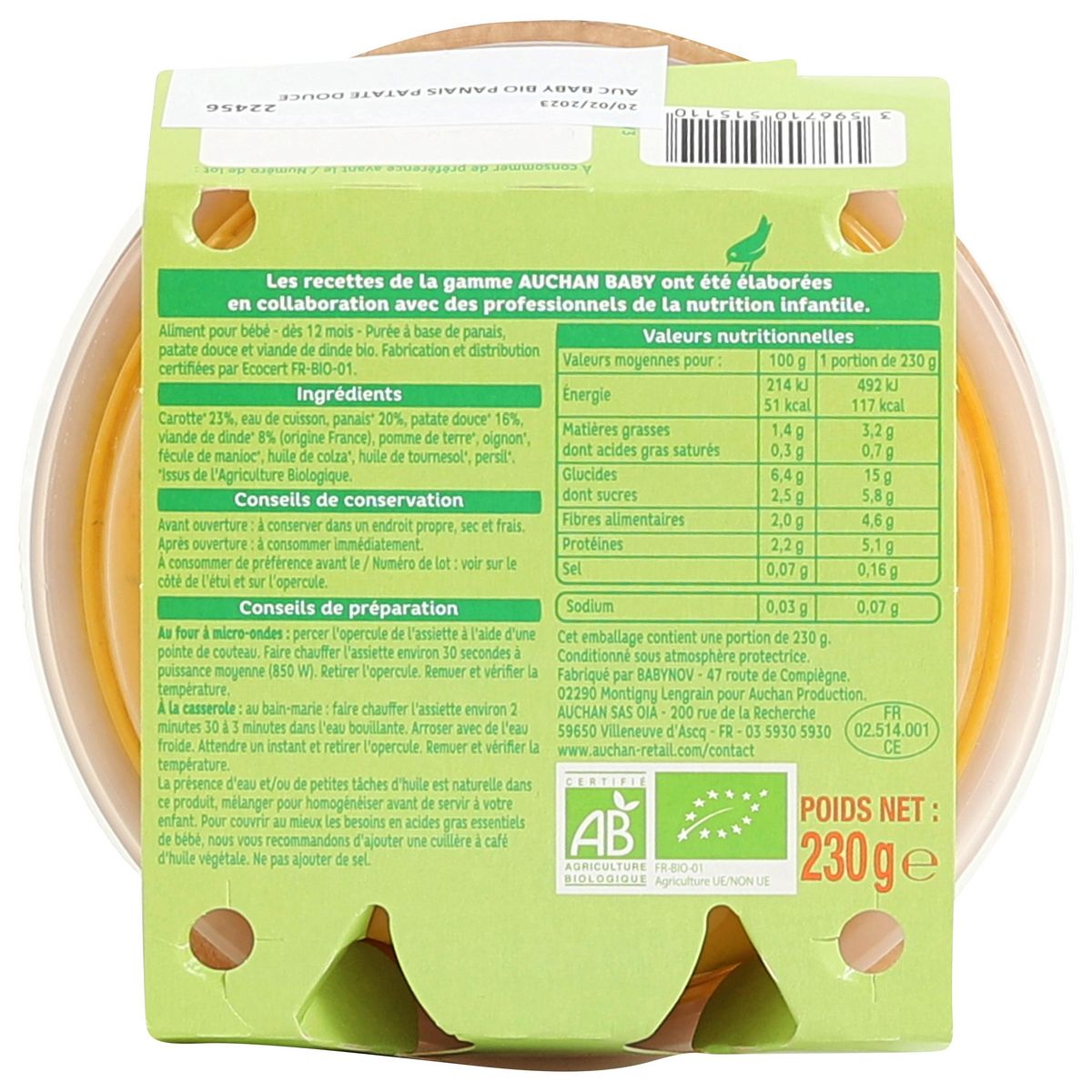 AUCHAN BABY BIO Assiette de panais patate douce et dinde dès 12 mois 230g