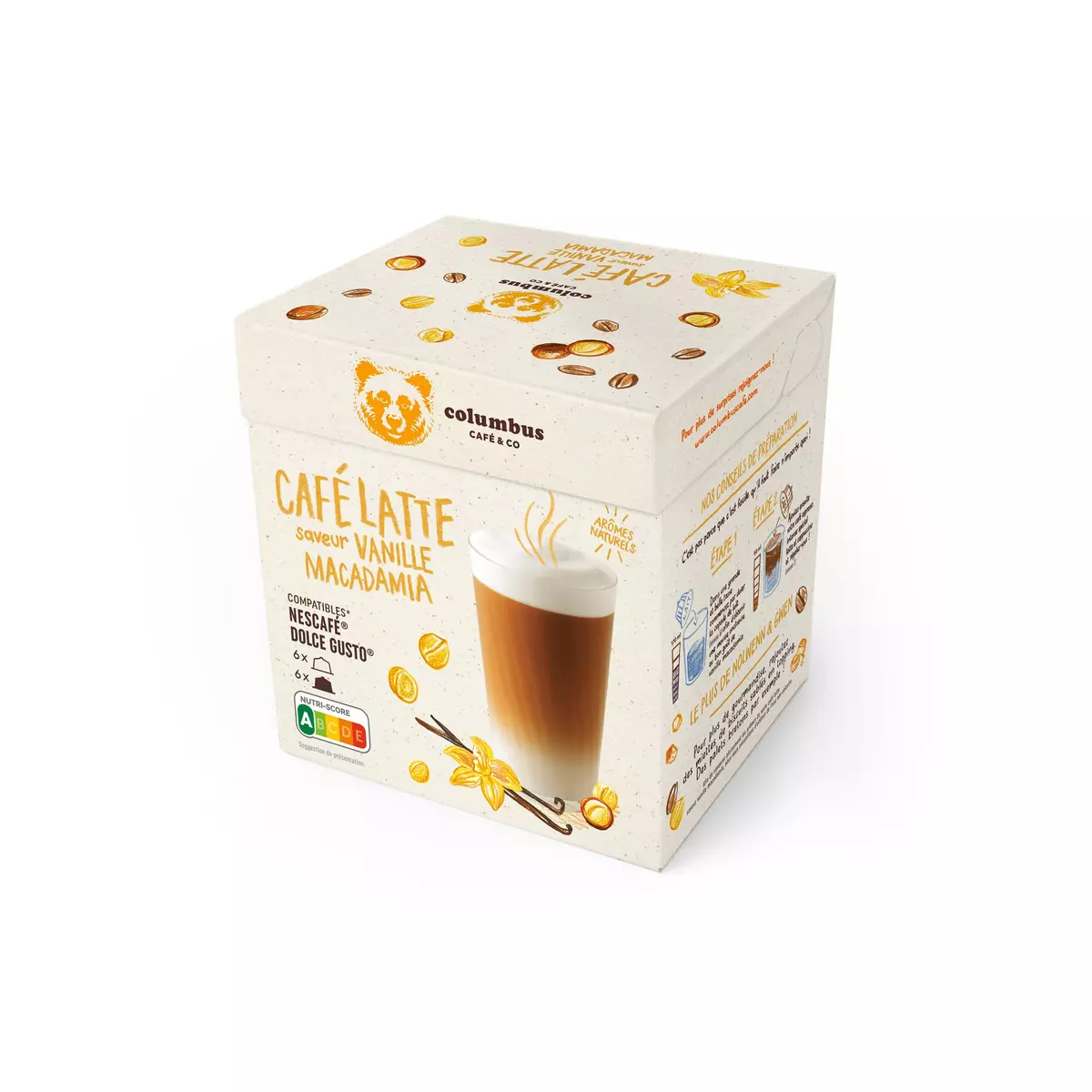 COLUMBUS Capsules de café latté saveur vanille macadamia compatible Dolce Gusto 6 capsules café et 6 capsules lait 144g