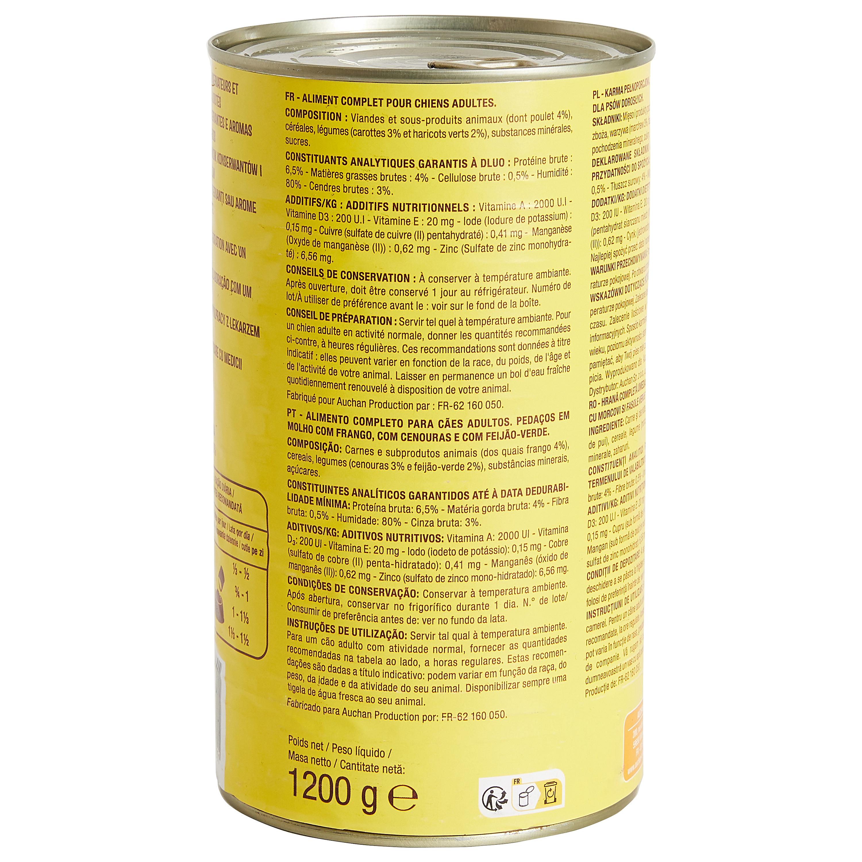 Voir la diapositive 2 : AUCHAN Bouchées en sauce au poulet carottes et haricots verts boîte pour chien 1200g
