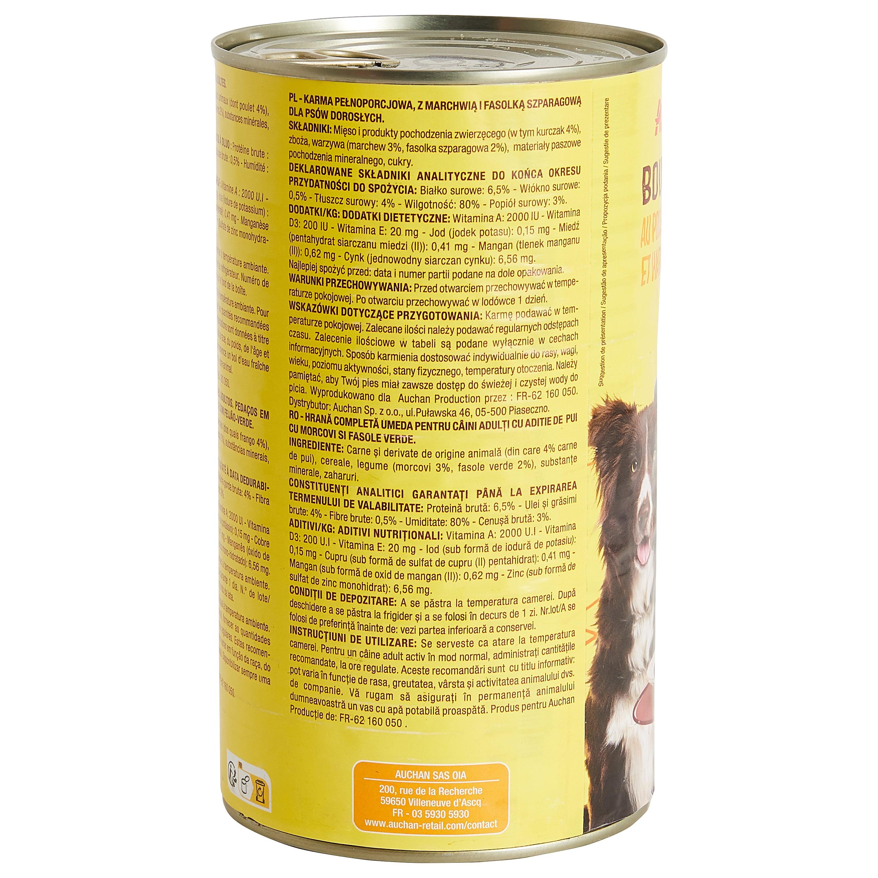 Voir la diapositive 4 : AUCHAN Bouchées en sauce au poulet carottes et haricots verts boîte pour chien 1200g
