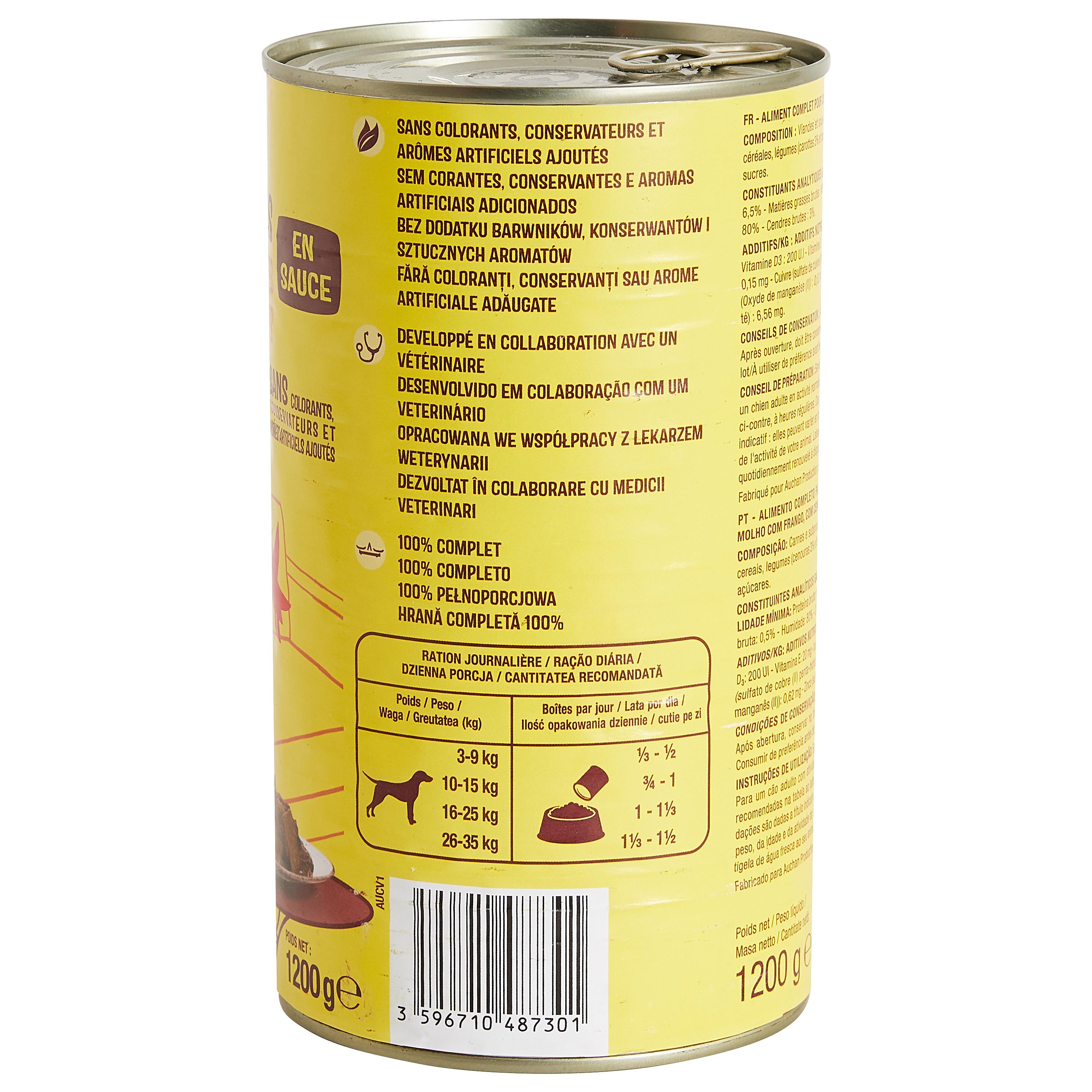 Voir la diapositive 5 : AUCHAN Bouchées en sauce au poulet carottes et haricots verts boîte pour chien 1200g
