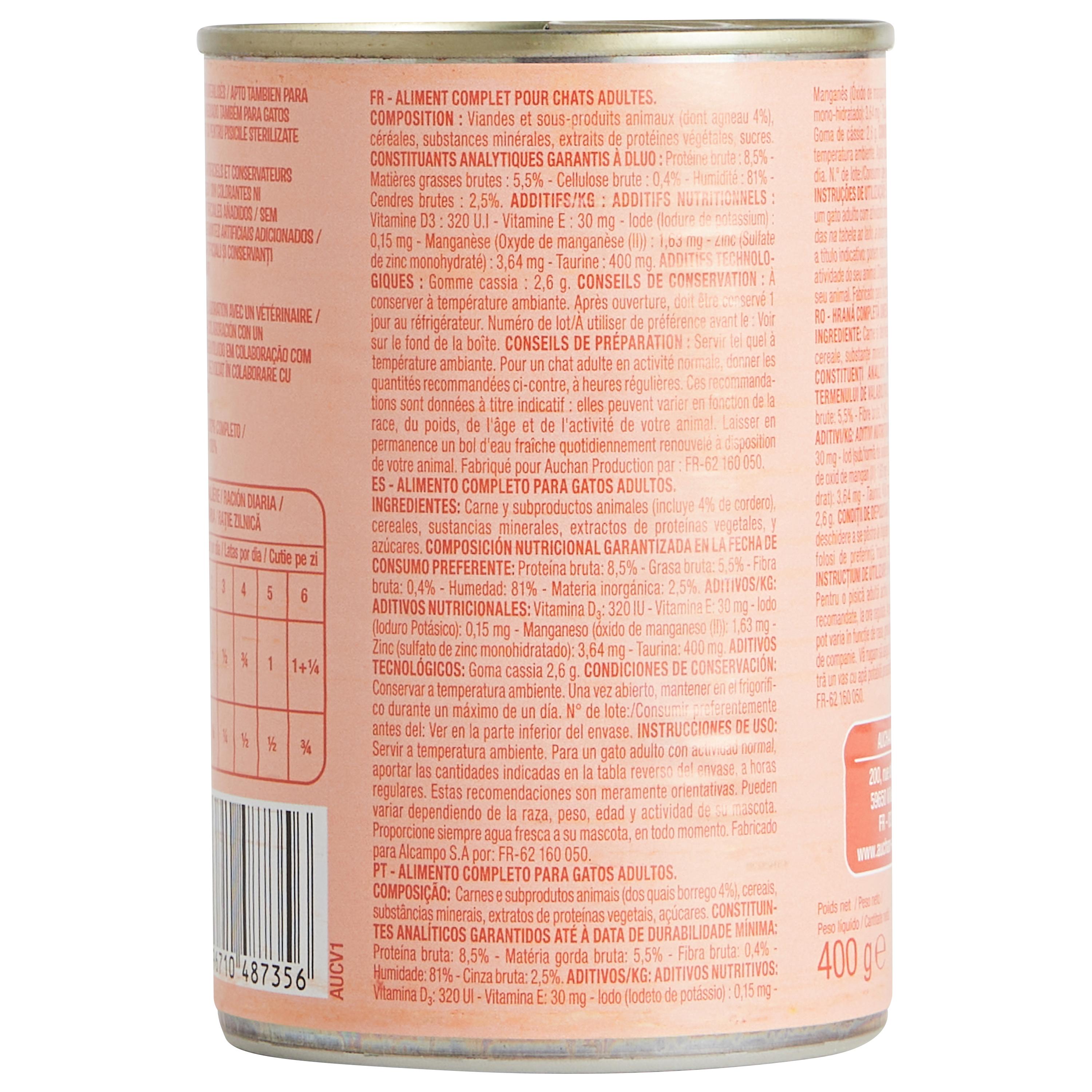 Voir la diapositive 2 : AUCHAN Terrine à l'agneau pour chats et chats stérilisés 400g