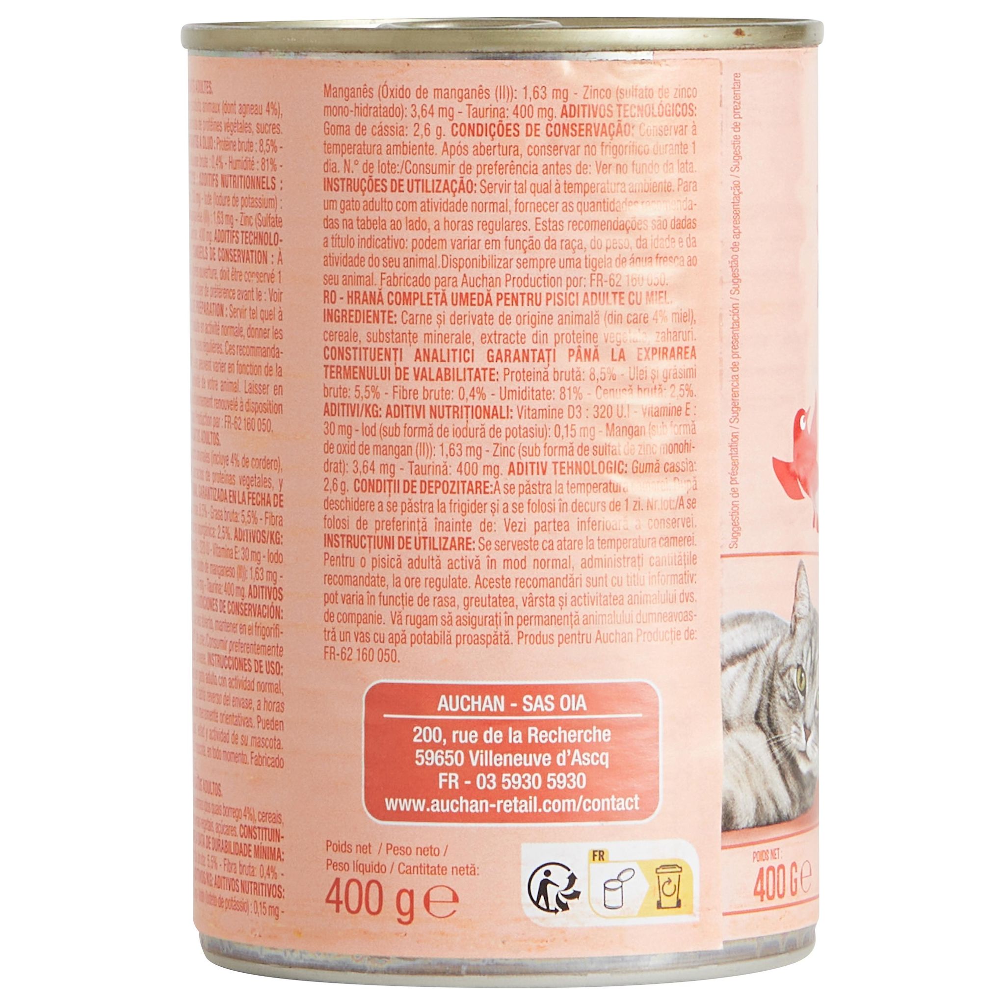 Voir la diapositive 4 : AUCHAN Terrine à l'agneau pour chats et chats stérilisés 400g