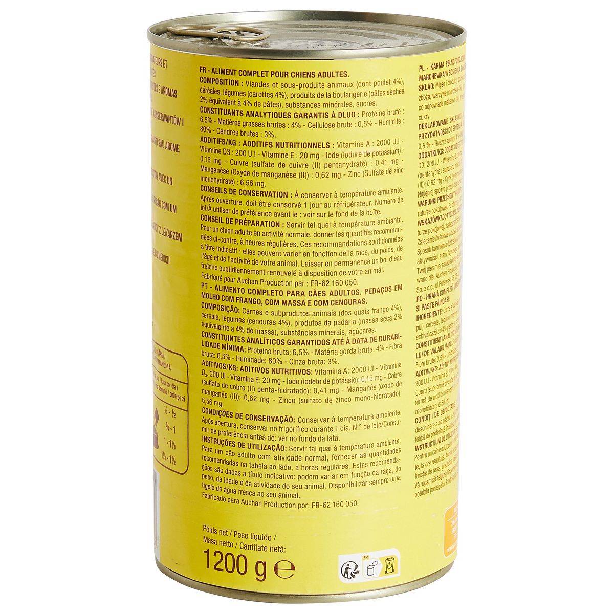 AUCHAN Bouchées au poulet pâtes et aux carottes en sauce pour chien 1.2kg