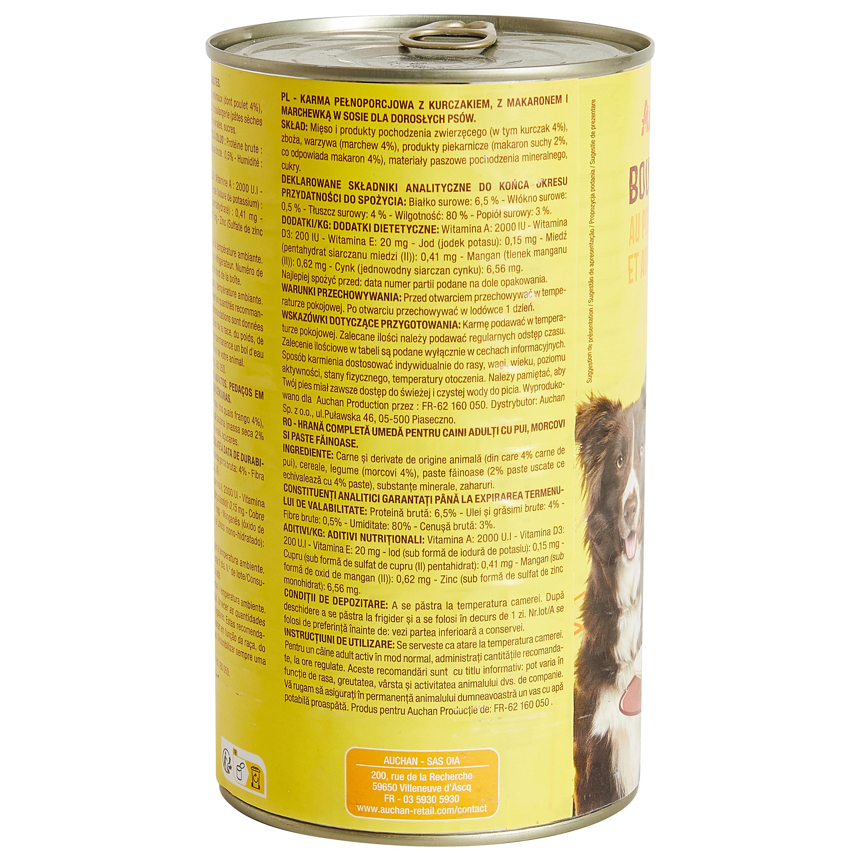 Voir la diapositive 3 : AUCHAN Bouchées au poulet pâtes et aux carottes en sauce pour chien 1.2kg