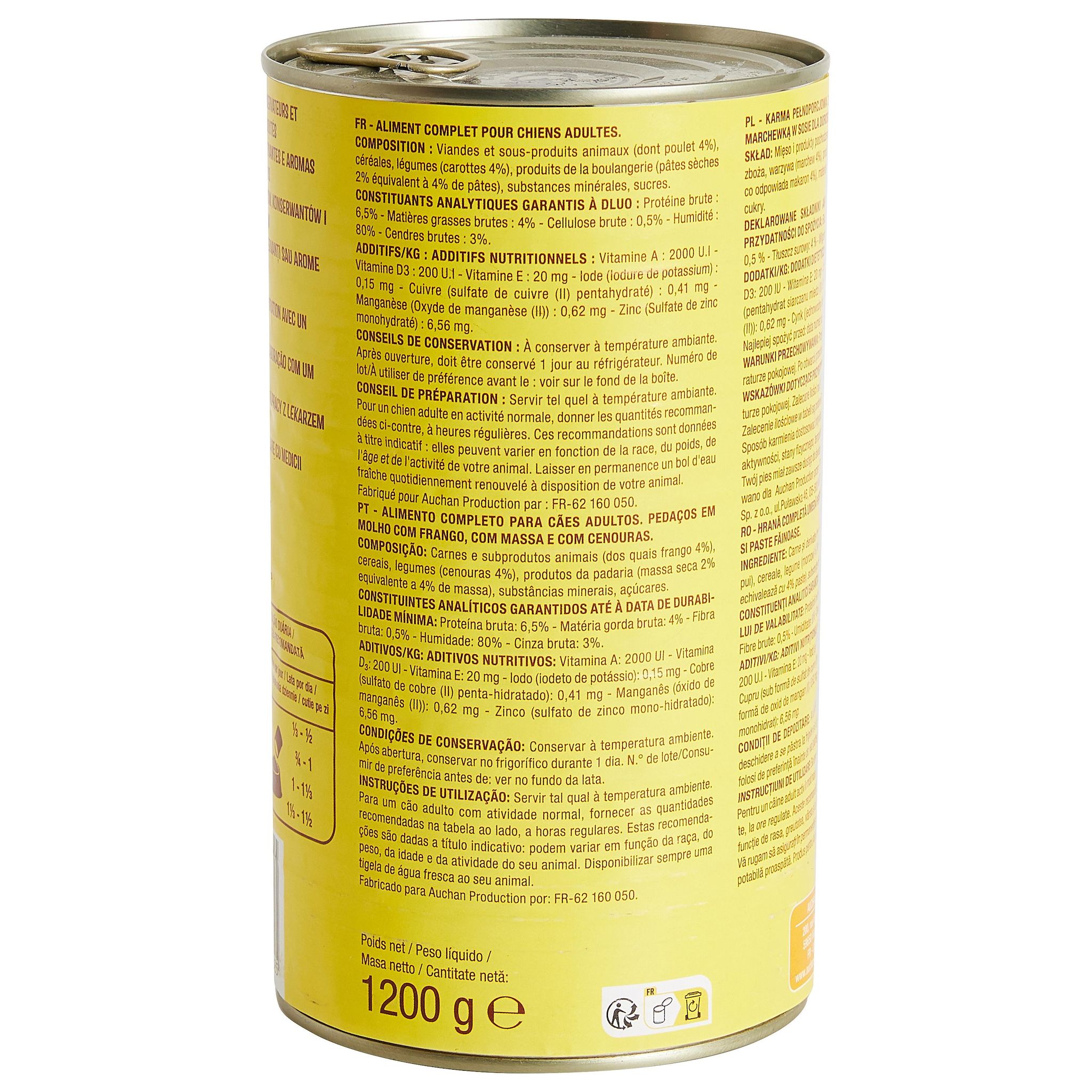 Voir la diapositive 4 : AUCHAN Bouchées au poulet pâtes et aux carottes en sauce pour chien 1.2kg