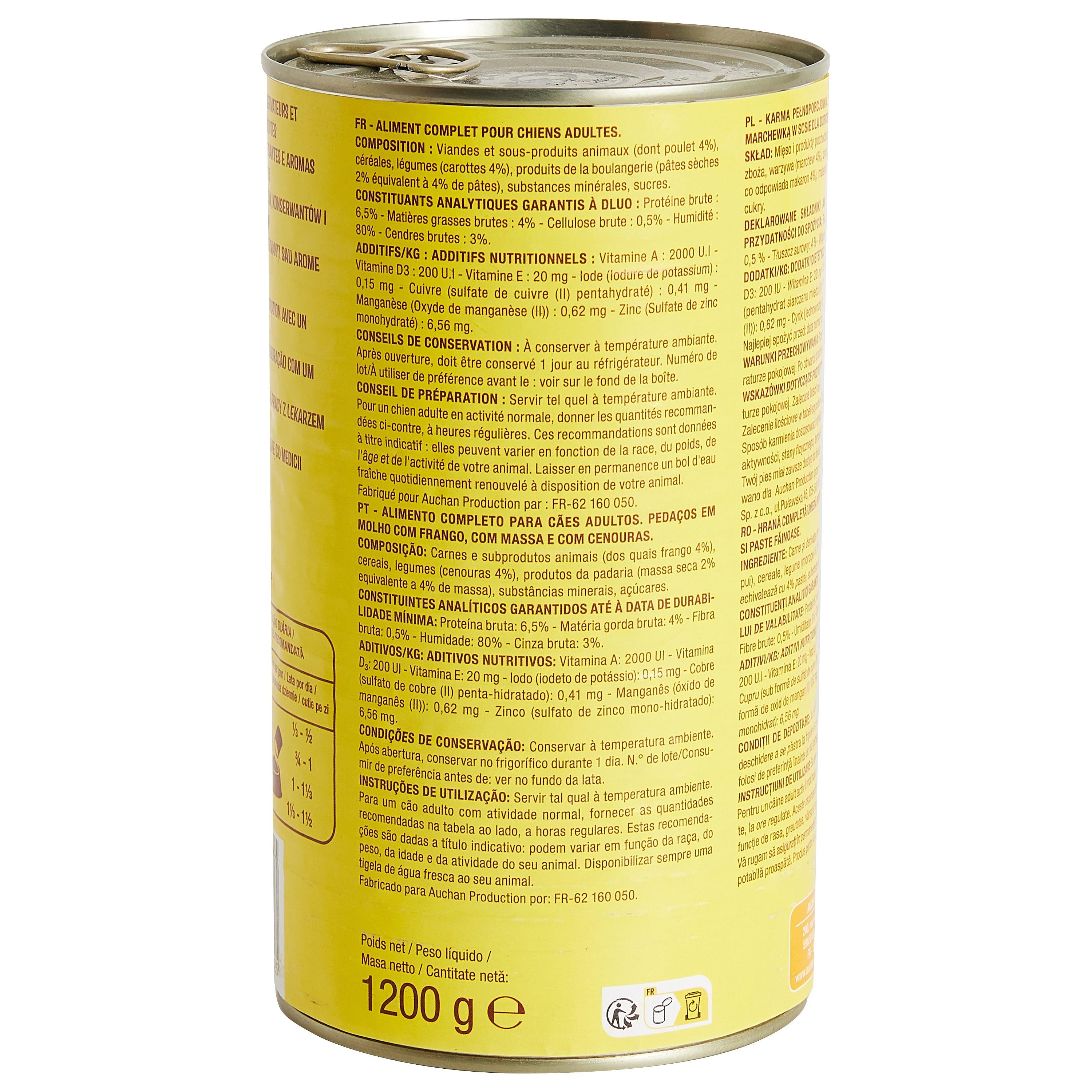 Voir la diapositive 5 : AUCHAN Bouchées au poulet pâtes et aux carottes en sauce pour chien 1.2kg
