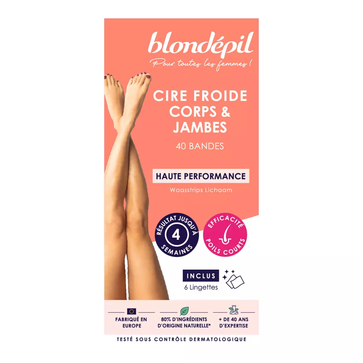 BLONDEPIL Cire froide corps & jambes haute performance 40 bandes + 6 lingettes