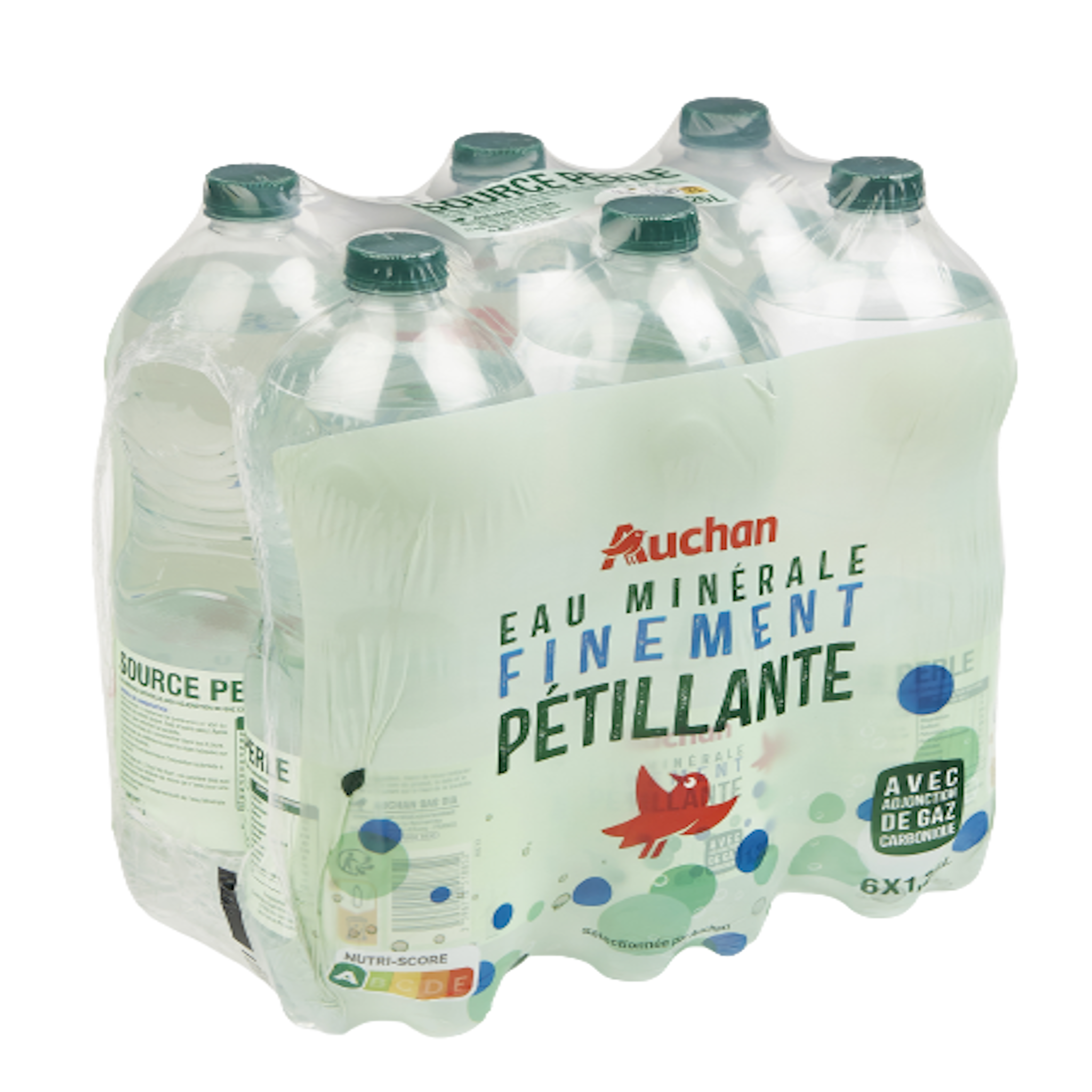 Voir la diapositive 2 : AUCHAN Eau minérale naturelle gazeuse source Perle 6x1.25l