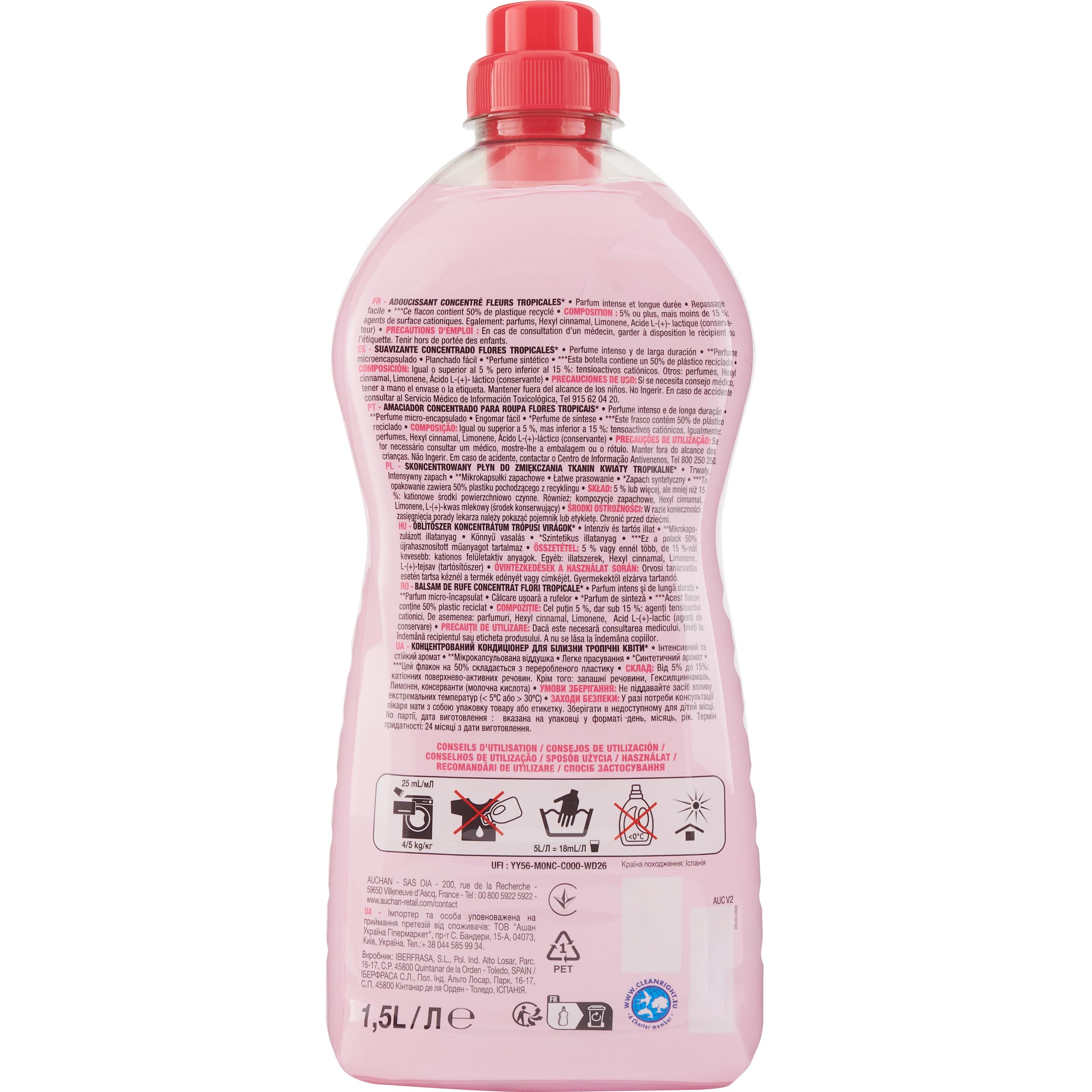 Voir la diapositive 2 : AUCHAN Adoucissant liquide concentré fleurs tropicales 60 lavages 1,5l