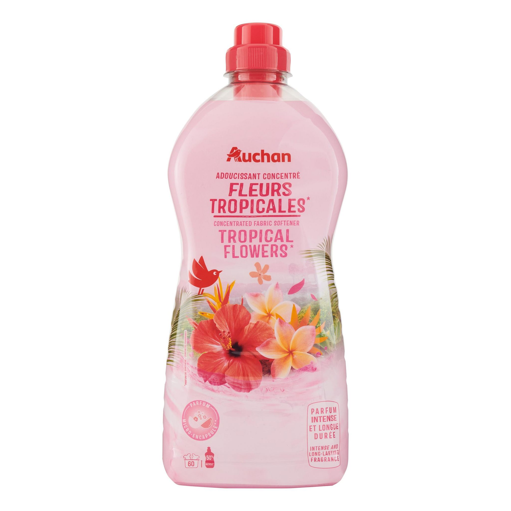 Voir la diapositive 2 : AUCHAN Adoucissant liquide concentré fleurs tropicales 60 lavages 1,5l